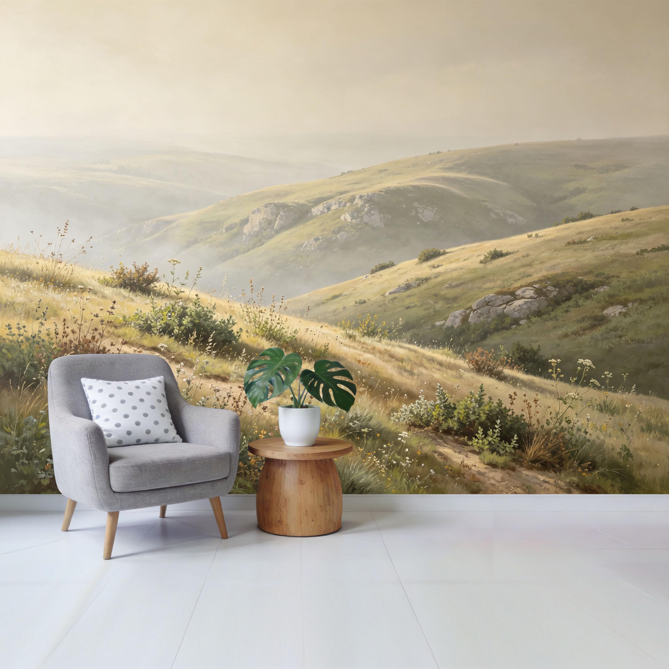 Qzlithotic Yq2605250904 Custom Size Wall Mural Misty Rolling Hills Landscape Oil Painting Style Botanical Scenery Selfadhesive Wall Fabric Removable Wallpaper For Home Office Decor