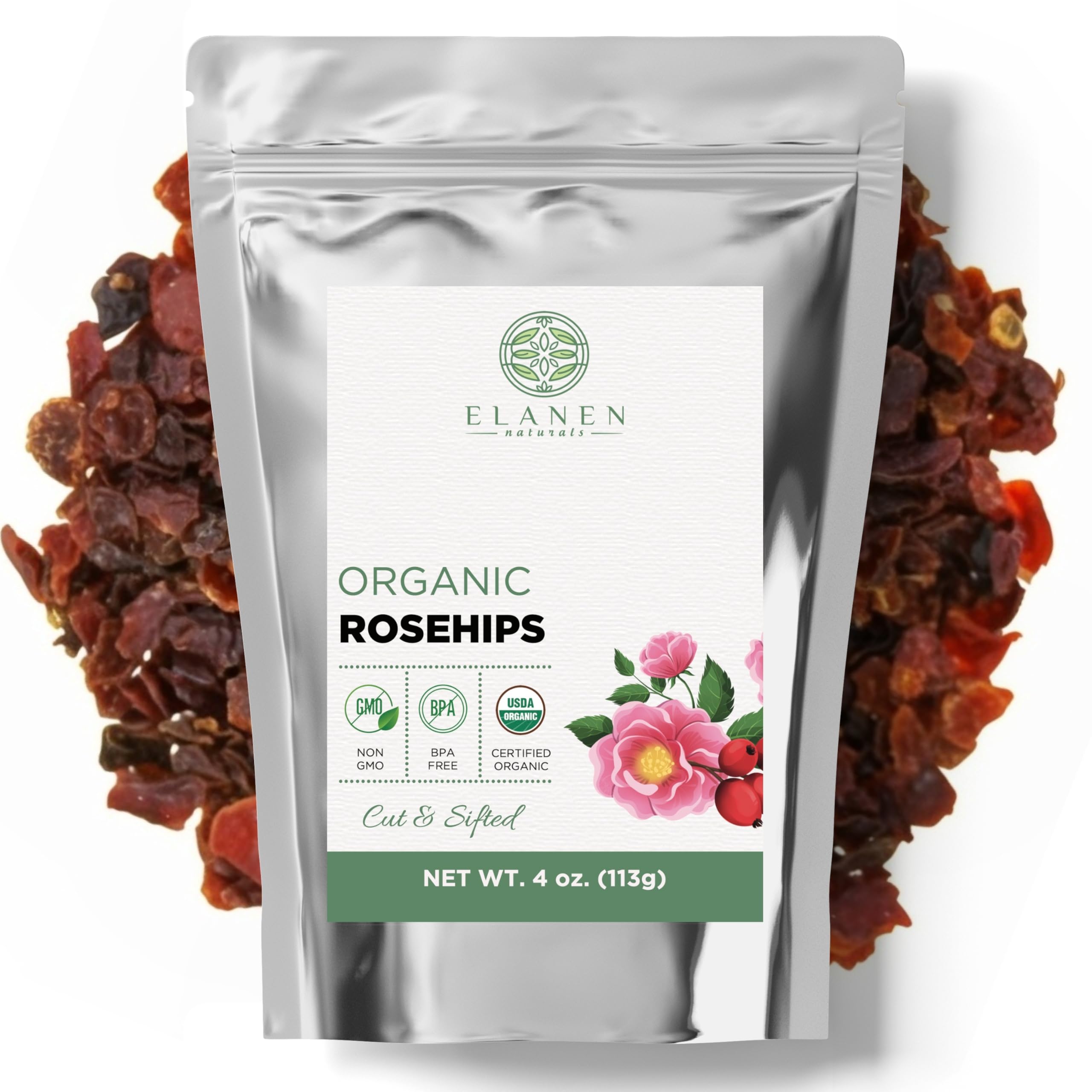 Elanen Naturals Organic Rose Hips 4 oz. (113g), USDA Certified Organic Rosehip Tea, Dried Rose Hips, Whole Rosehips Bulk, Cut & Sifted