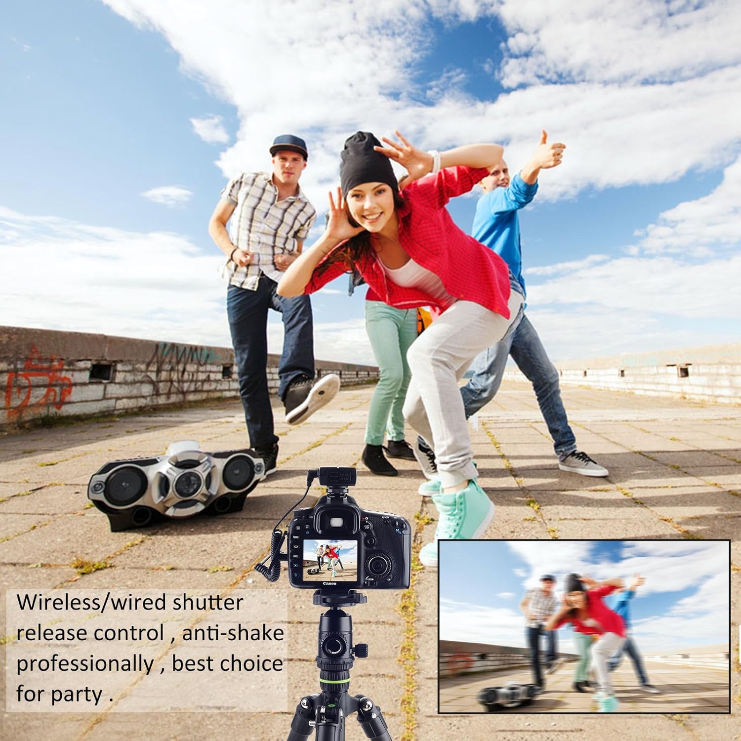 A camera mounted on a tripod with the VILTROX JY-710-N3 receiver connected, illustrating anti-shake shutter release.