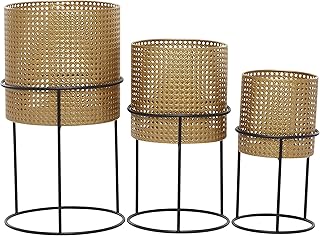 Deco 79 Metal Rattan Weave Inspired Planter with Removeable Ring Stands, Set of 3 23", 19", 16"H, Gold