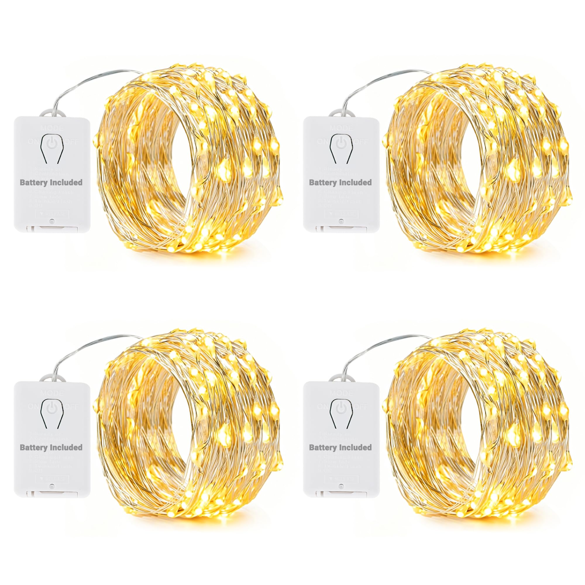 NEXVIN 4 Stück 6M 60 LED Lichterkette Batterie, Weihnachten Lichterkette Kupfer, Drahtlichterkette Warmweiß mit 8 Modus und Timer, Lichter Flasche Dekoration für Weihnachten, Party, Hochzeit