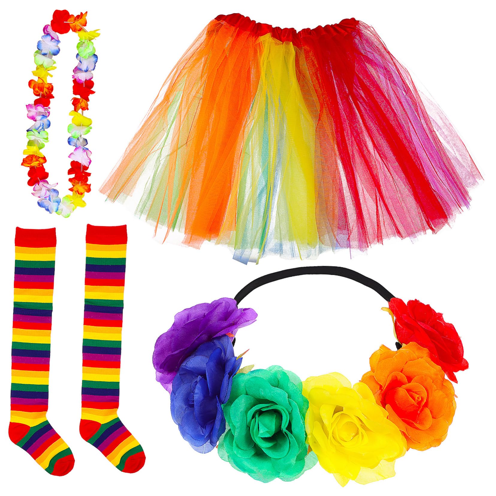 2sätze Regenbogen Tüllrock Mit Kniestrümpfen Stirnband Und Lei Für Mädchen Kostümzubehör Für Festivals Karneval Und Cosplay Einheitsgröße