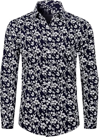 fohemr Mens Floral Print Long Sleeve Casual Button Down Slim Dress Shirt