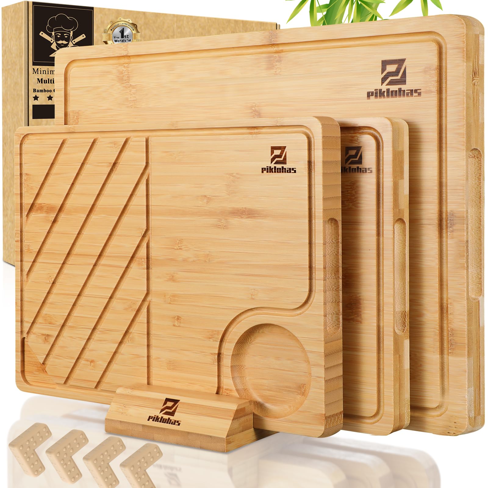 Photo 1 of Piklohas Large Bamboo Cutting Boards Set of 4 for Kitchen, Bamboo Charcuterie Chopping Board with Holder Non Slip, Steak Serving Tray with Juice Groove, Big Butcher Block for Cheese, Ideal for Gift