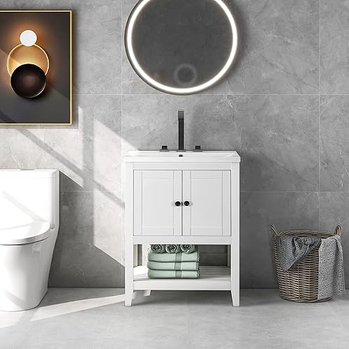 Merax Juego de tocador de baño de 24 pulgadas con fregadero de cerámica, armario con cajón y puertas, marco de madera maciza con acabado pintado,