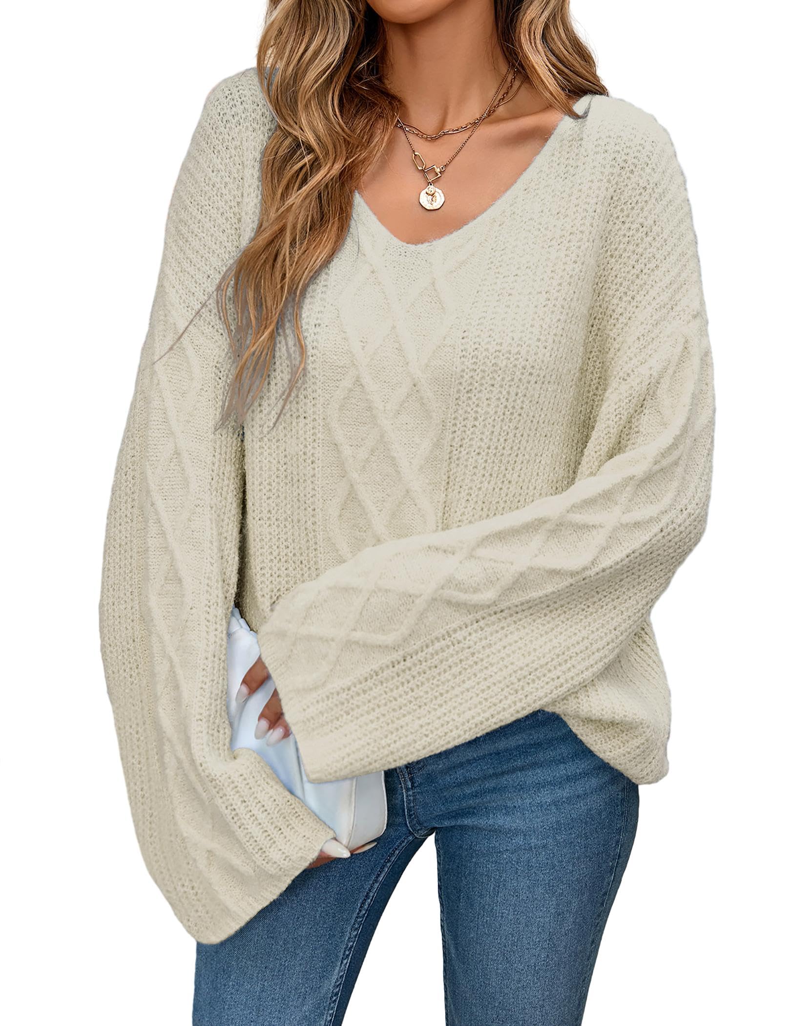 Womens Oversized V Neck Cable Knit Sweater Spring 2026 Casual Lightweight Ladies Long Sleeve Pullover Sweaters