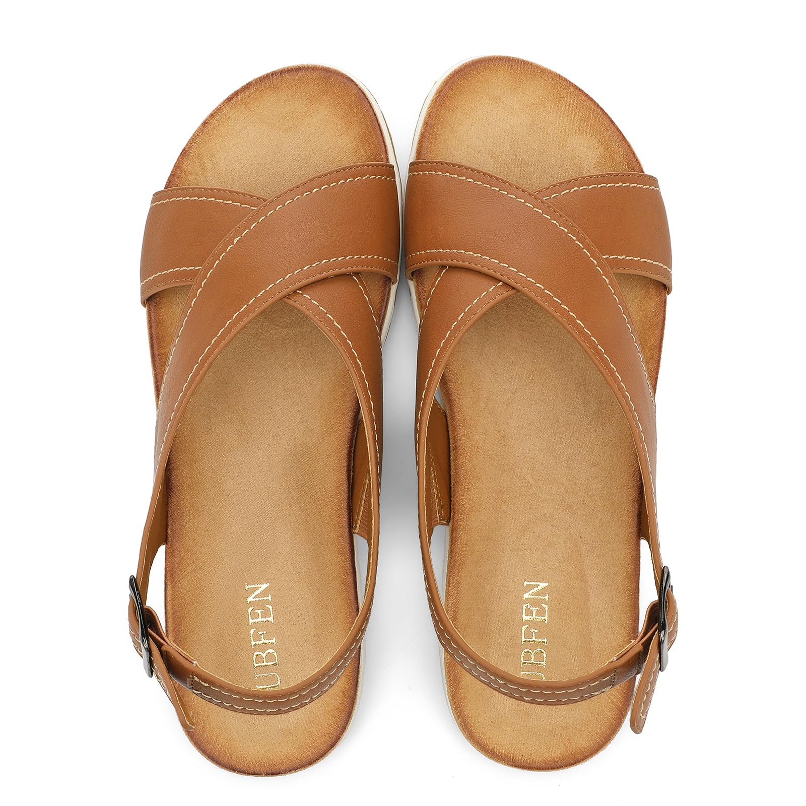 UBFEN Womens Flat Sandals Arch Support Open Toe Adjustable Slingback Cross Strap Dressy Casual Comfortable Summer Shoes 10.5 Brown