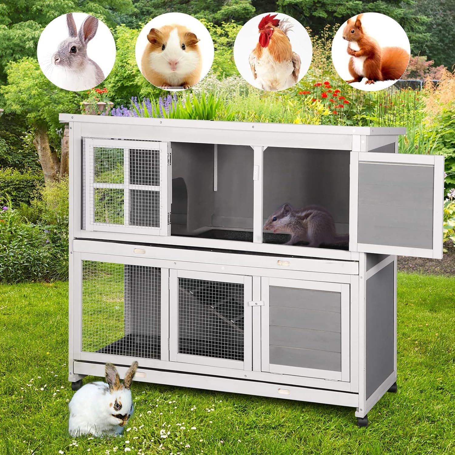 YODOLLA Clapier Lapin Exterieur sur roulettes, Clapier Lapin Interieur en Bois, 119 x 51 x105cm