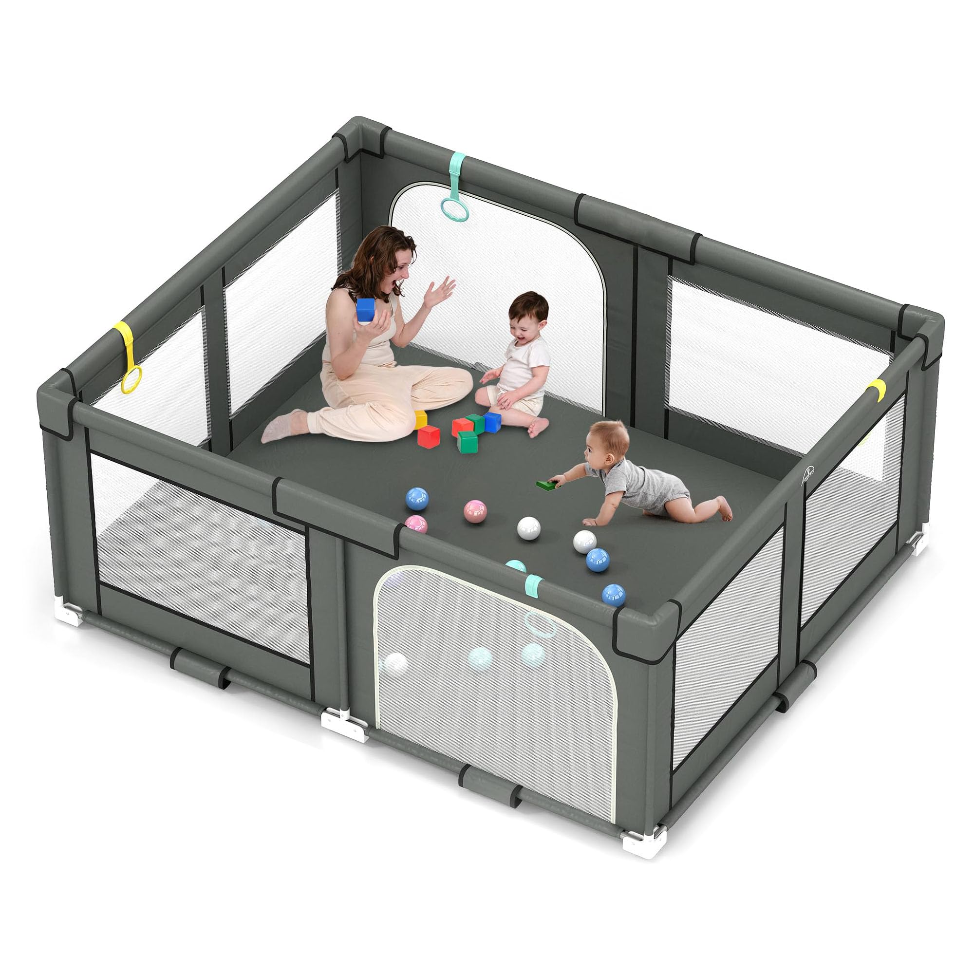 Bentifar Extra Large Baby Playpen, 150×180cm Safety Play Yard for Toddlers, Sturdy Baby Fence with Full Mesh, Non-Slip Base, Indoor & Outdoor Baby Play Area (Dark Grey)