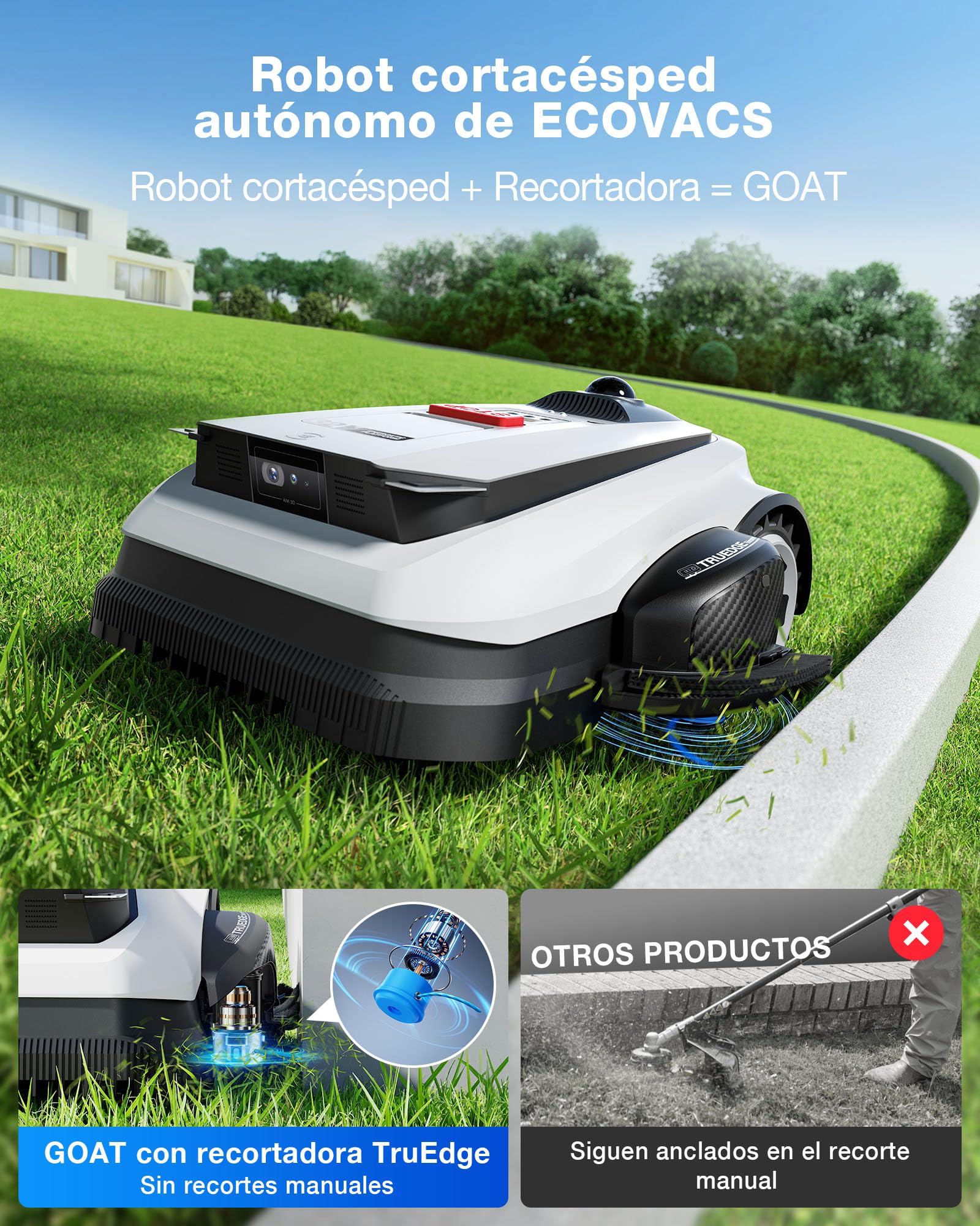 Robot Cortacésped Ecovacs Goat A1600 LiDAR Pro sin Cable Delimitador, 1600 m², Navegación Dual-LiDAR de 360°, Mapas Automáticos, Detección de Obstáculos 3D con IA, Carga Superrápida