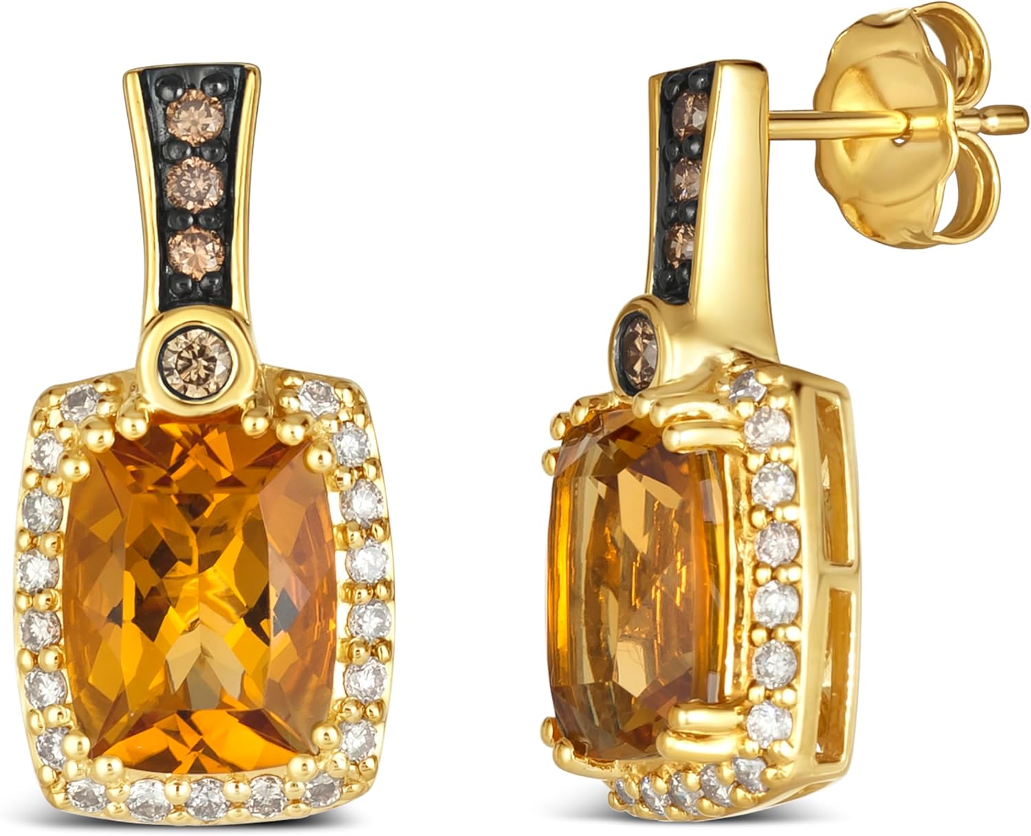 2/5 Carat Diamond with 3 1/3 Carat Cushion Cut Smoky Quartz or Citrine Dangle Earrings for Women in 14k Rose Gold (White / Brown, 0.43 cttw) White and Chocolate Diamond Push Back Drop Earrings for Her by LeVian