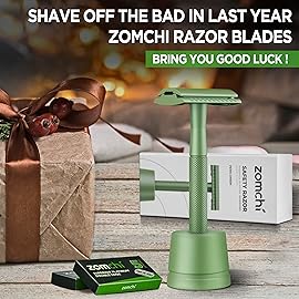 ZOMCHI Double Edge Close Comb Safety Razor with Stand, Shaving Razor for Men with 10 Safety Razor Blades, Reusable Single Blade DE Metal Razor - Fern Green
