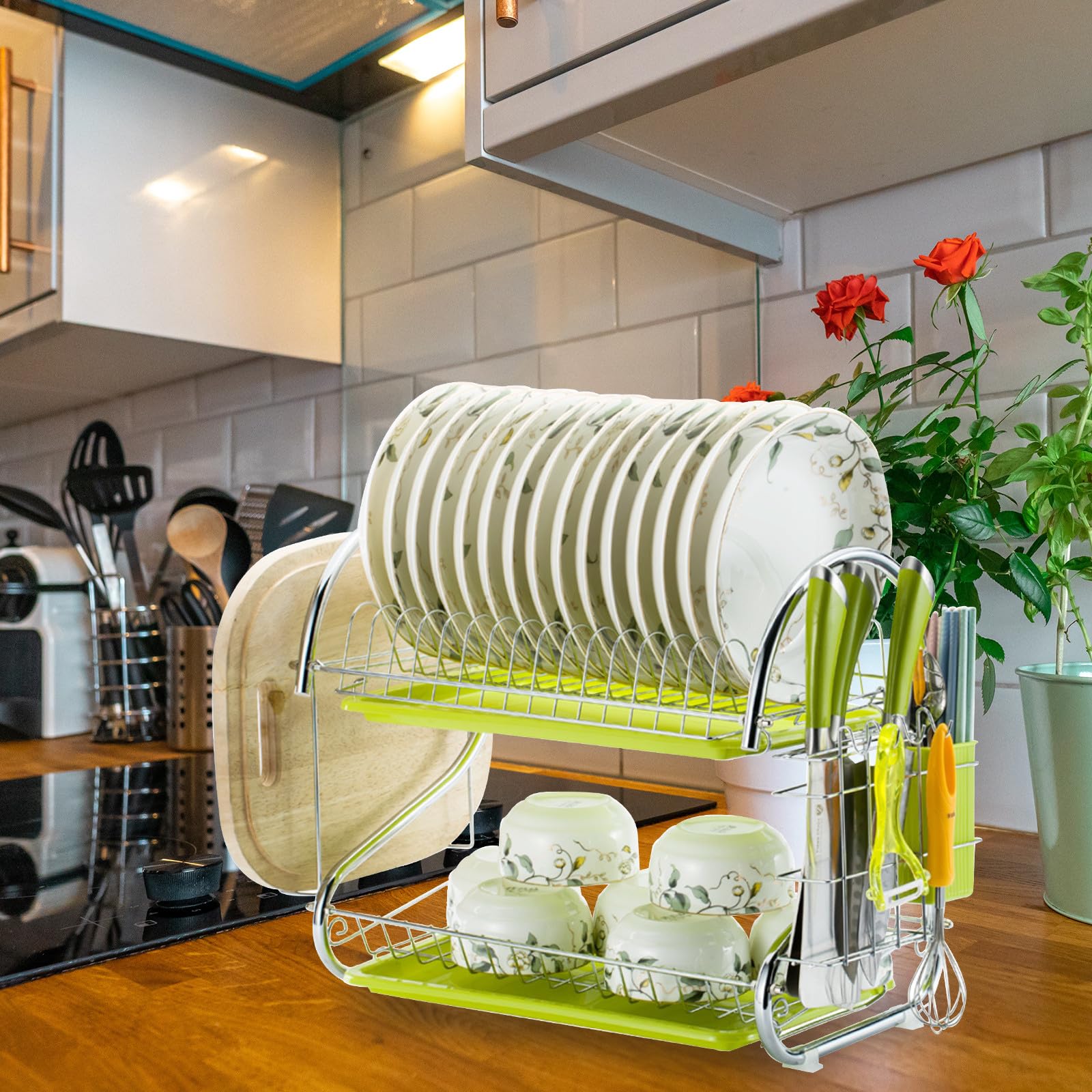 SUPVOX Égouttoir à Vaisselle Double Couche en Métal Vert Porte-ustensiles Intégré et Système de Drainage Pratique Cuisine, Hôtels et Restaurants