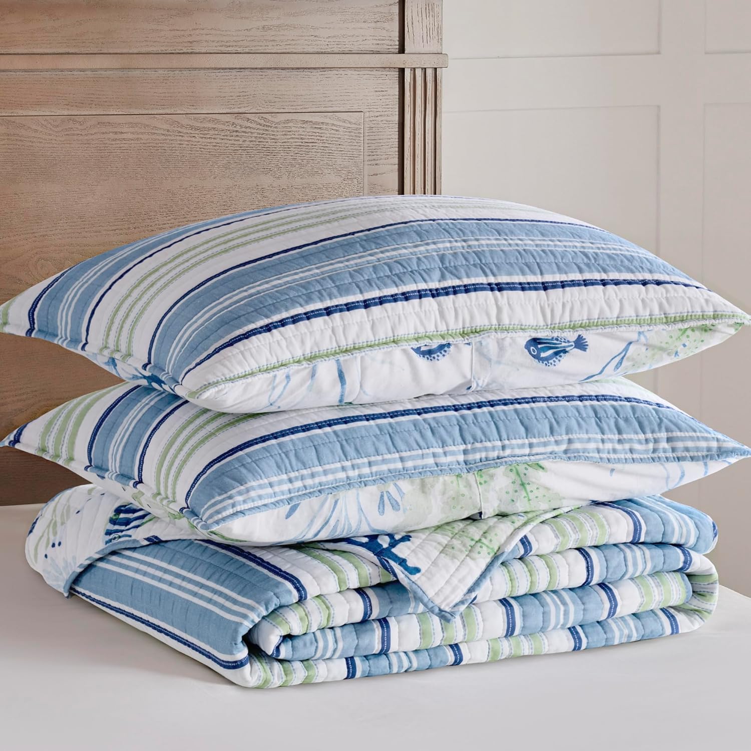 Levtex Home - Harbor Bay Quilt Set - Full/Queen Quilt (88x92in) and 2 Standard Shams (20x26in) - Coastal Stripes - Blue, Green, White - Reversible - Cotton - Image 6
