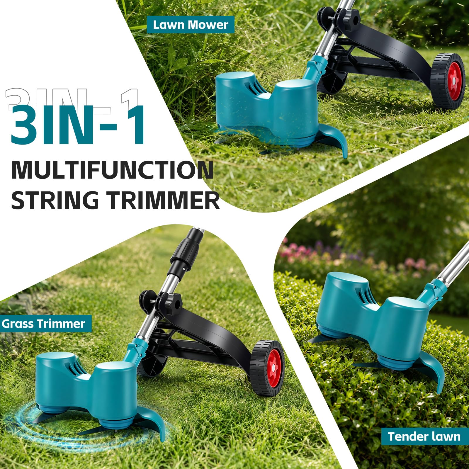 Desbrozadora inalámbrica con batería de 3000 mAh y cargador, 15000 rpm, cortacésped giratorio de doble cabeza con 6 cuchillas + rueda de apoyo, plegable y portátil, para jardín y malas hierbas