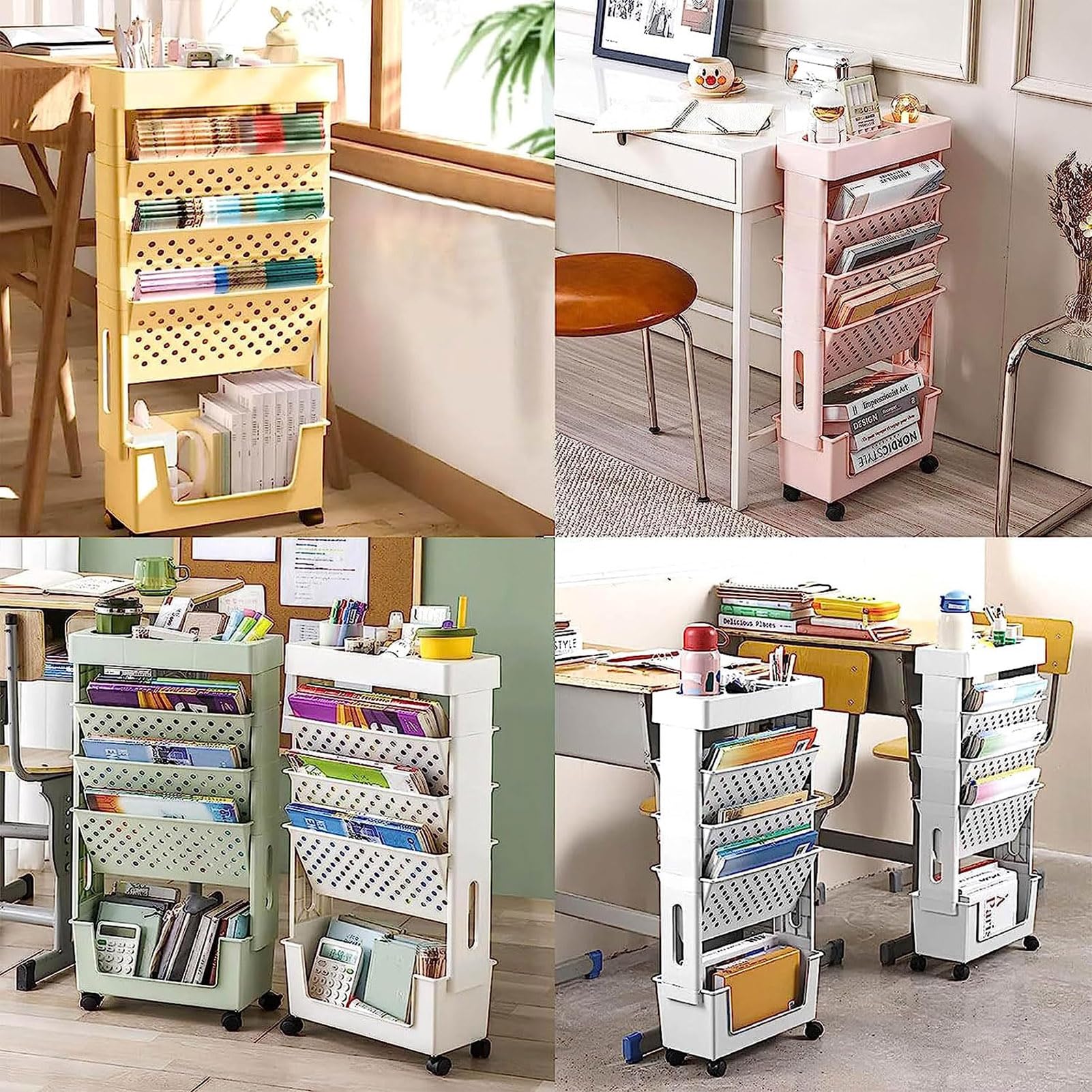 Eteslot libreria mobile con ruote - 5 livelli - Minimalista - Bianca - Carrello porta libri