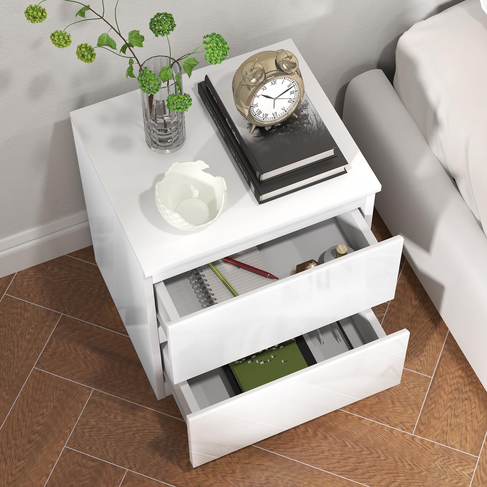 HOMCOM Mesita de Noche Moderna Mesilla de Noche con 2 Cajones Mesa de Noche Mesa Auxiliar para Dormitorio Salón 40x34x45 cm Blanco Brillo