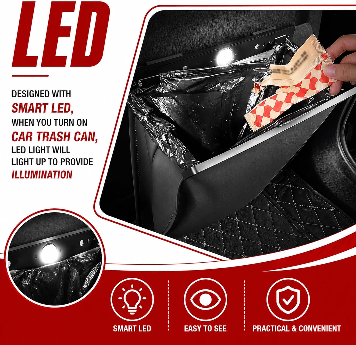 2026 New LED Car Trash Can,Leak-Proof Car Trash Bin with Automotive Trashs Bag for Organizers & Storage,Strong Magnetic Cars Garbage Can for Backseat,Console,Door