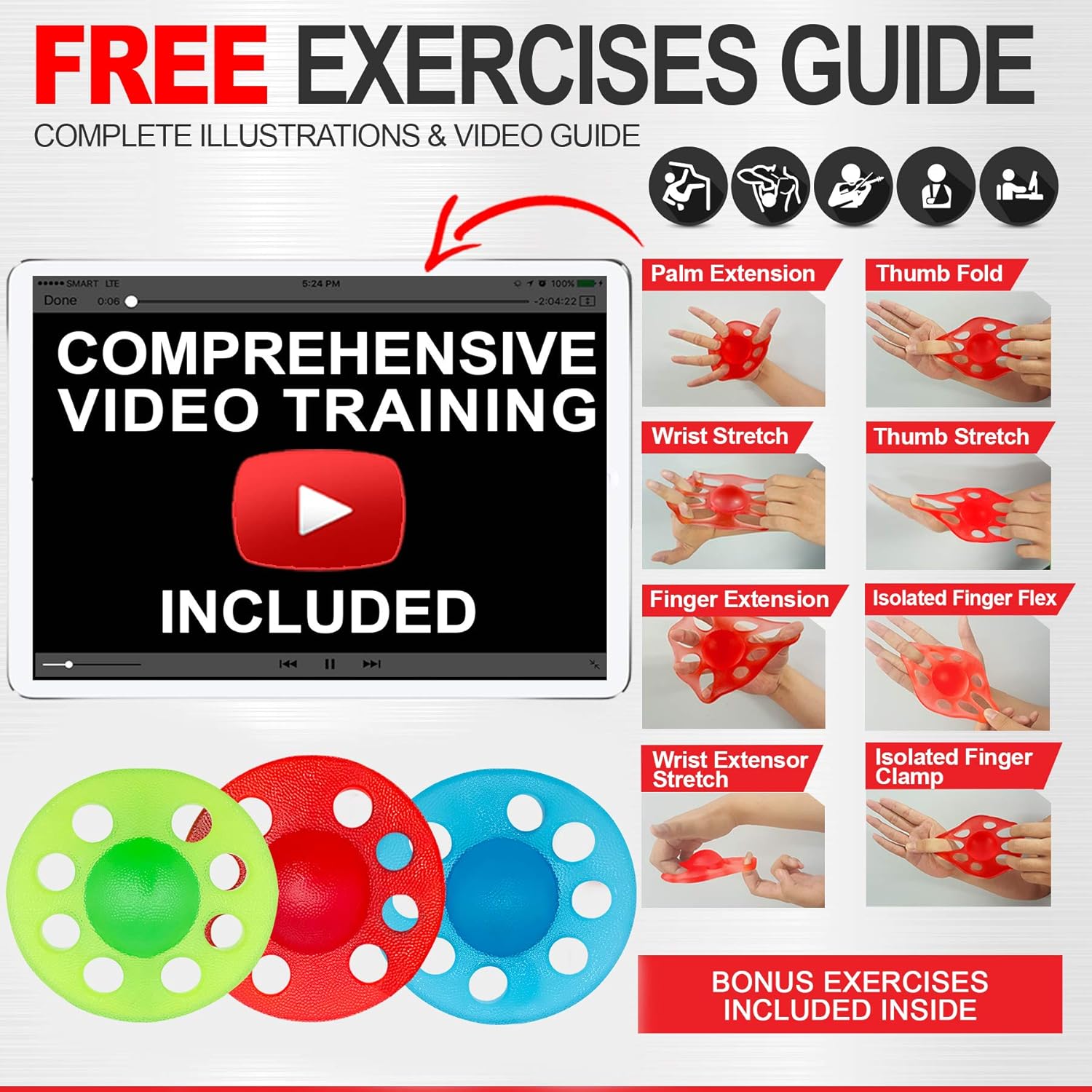 Pykal 3x Hand and Finger Strengtheners - 15+ VIDEO EXERCISES included with HAND POWER PRO | Finger Exerciser Hand Grip Strengthener For Seniors, Arthritis, Carpal Tunnel, Computer Users, Rock Climbers: Sports & Outdoors
