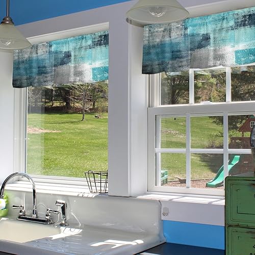 Miniatura 6 de Cenefas de cocina turquesa con arte abstracto para ventanas, tratamiento de ventana de granja, cenefas con bolsillo para barra, cenefa de cortina