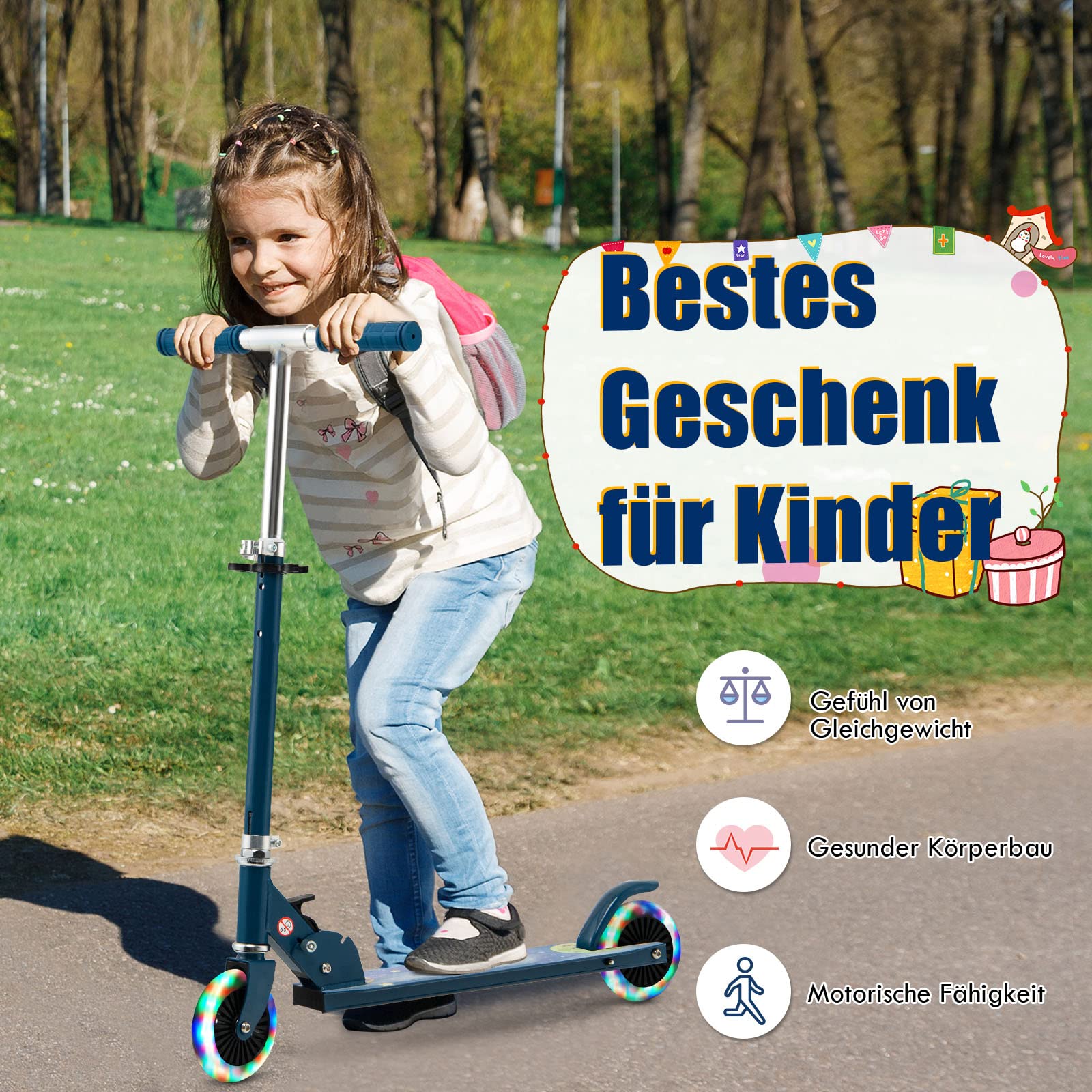 GOPLUS Roller Kinder 3 Jahre, 3-Stufig höhenverstellbarer Kinderroller, Kinder Scooter mit LED Rädern & Hinterradbremse, klappbarer Kickscooter mit/ohne Tragegurt & Ständer, Leichter Aluminium-Roller
