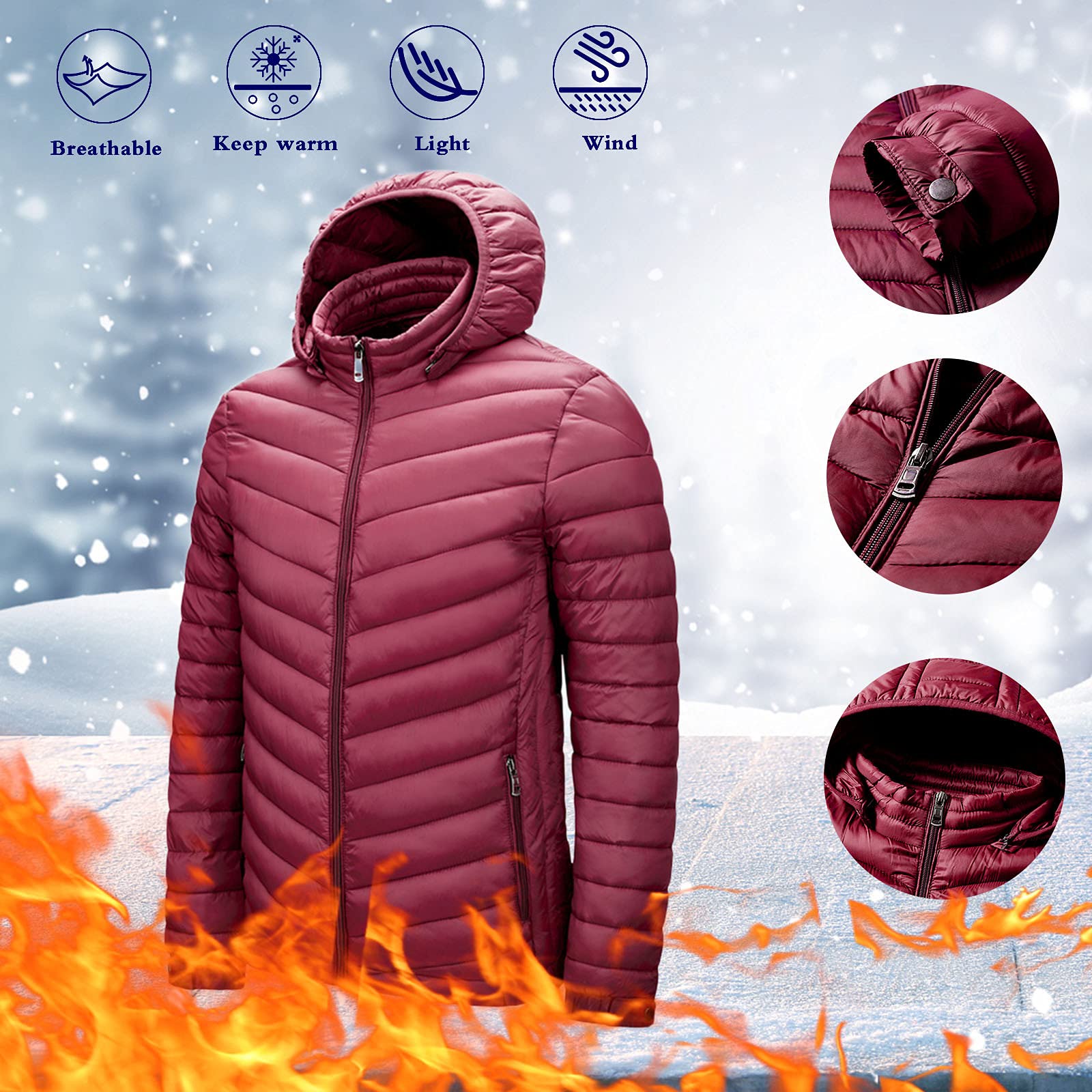 Kobilee Piumino Uomo 100 Grammi Calda Elegante Antivento Giubbotto Trapuntato Cerniera Casual Imbottita con Cappuccio Giacca Mezza Stagione Primaverile Trekking Ripiegabile Montagna Giacca Invernale