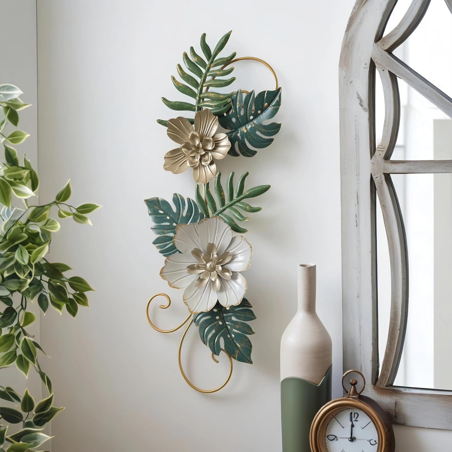 Sintosin Vintage Metal Flowers Wall Decor 29 X 10 Inch, Hanging Metal Decorative Plant Wall Art for Living Room Bedroom, Antique Floral Wrought Iron Wall Decor Dining Room Hallway Entryway