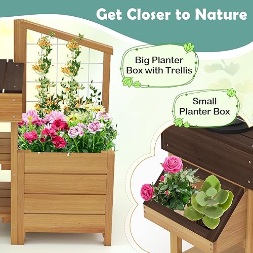 Miniatura 5 de Costzon Juego de cocina para niños, juego de juguete de madera con grifo extraíble, fregadero, estufas, perillas de rotación, jardineras, enrejado y