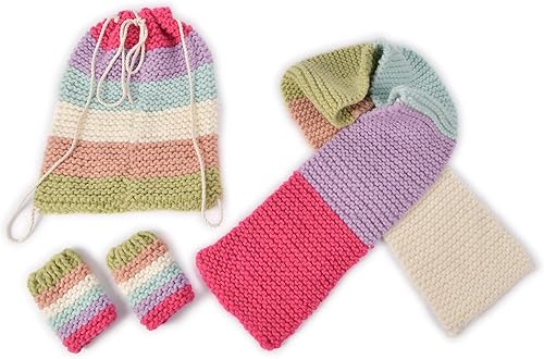 KikaPaka Kit de tejido de bricolaje - Crea un juego de bufanda y guantes arcoíris o juego de mochila y guantes  Tejido para principiantes
