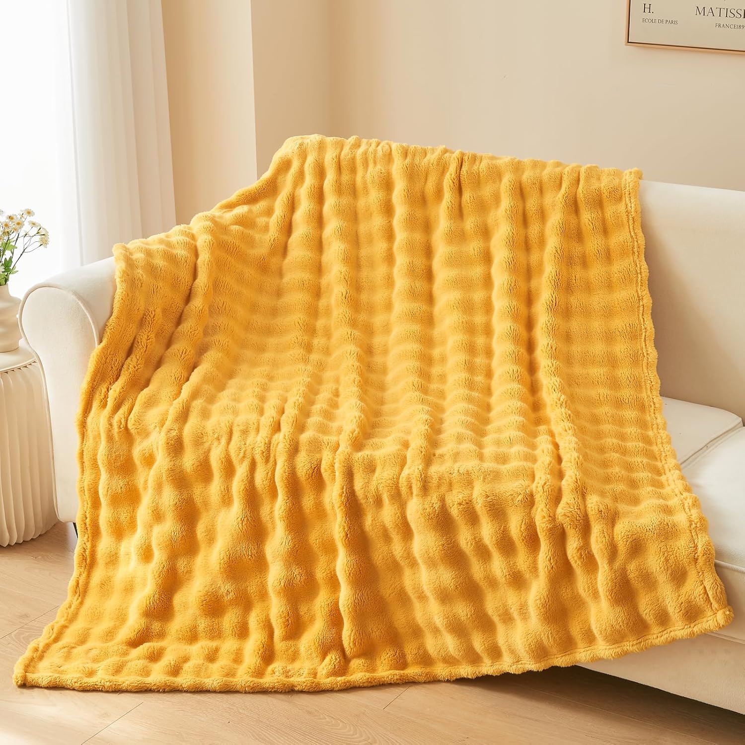 NEWCOSPLAY Throw Blanket for Couch Mustard Yellow Super Soft Flannel Fleece 3D Bubble Lightweight Bed Blanket All Season Use (Mustard Yellow, Throw(50"x60")) - Image 2