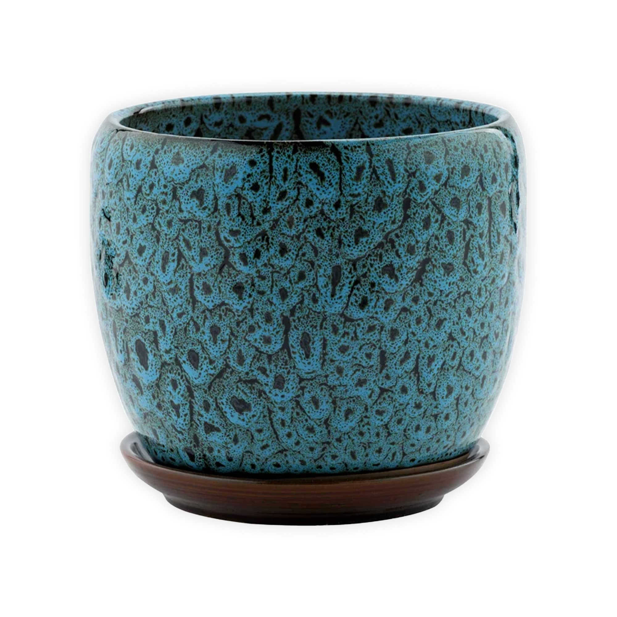 Napco ImportsTeal and Brown Mottled Glazed Ceramic Pot for Indoor Plants Planter with Saucer, 6x6, Blue and White