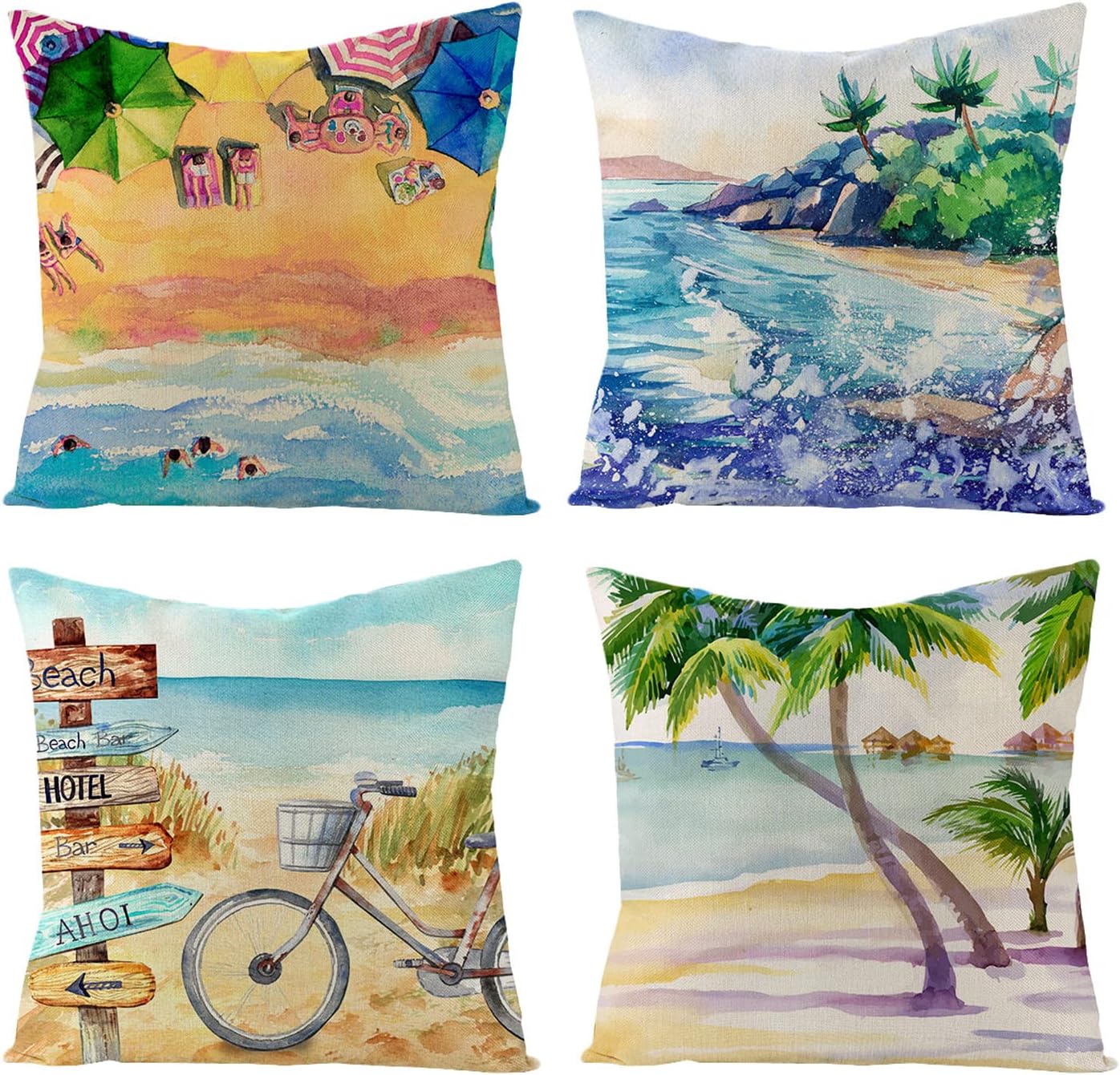 WLADYSS Summer Pillow Covers 18x18 Set of 4 Flax Pillow Covers, Colorful Fruit Beach