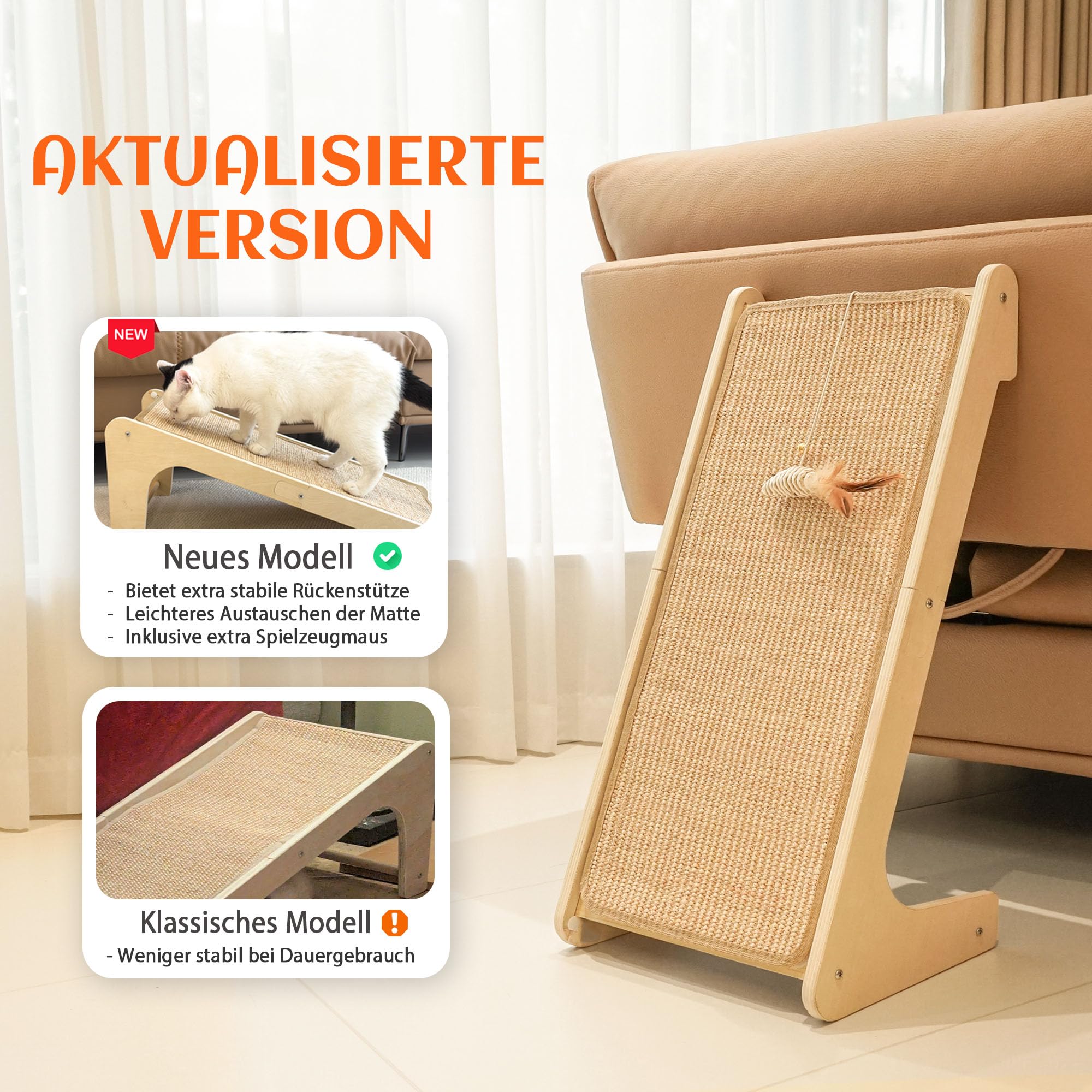 PETKARAY Dual-Use Kratzbrett Katze, 68 cm Hohe L-förmiger Sisal Kratzsäule, Kratzpads für Katzen, Katzenkratzbrett für Wand und Ecke (Mit Katzenminze, Mausspielzeug)