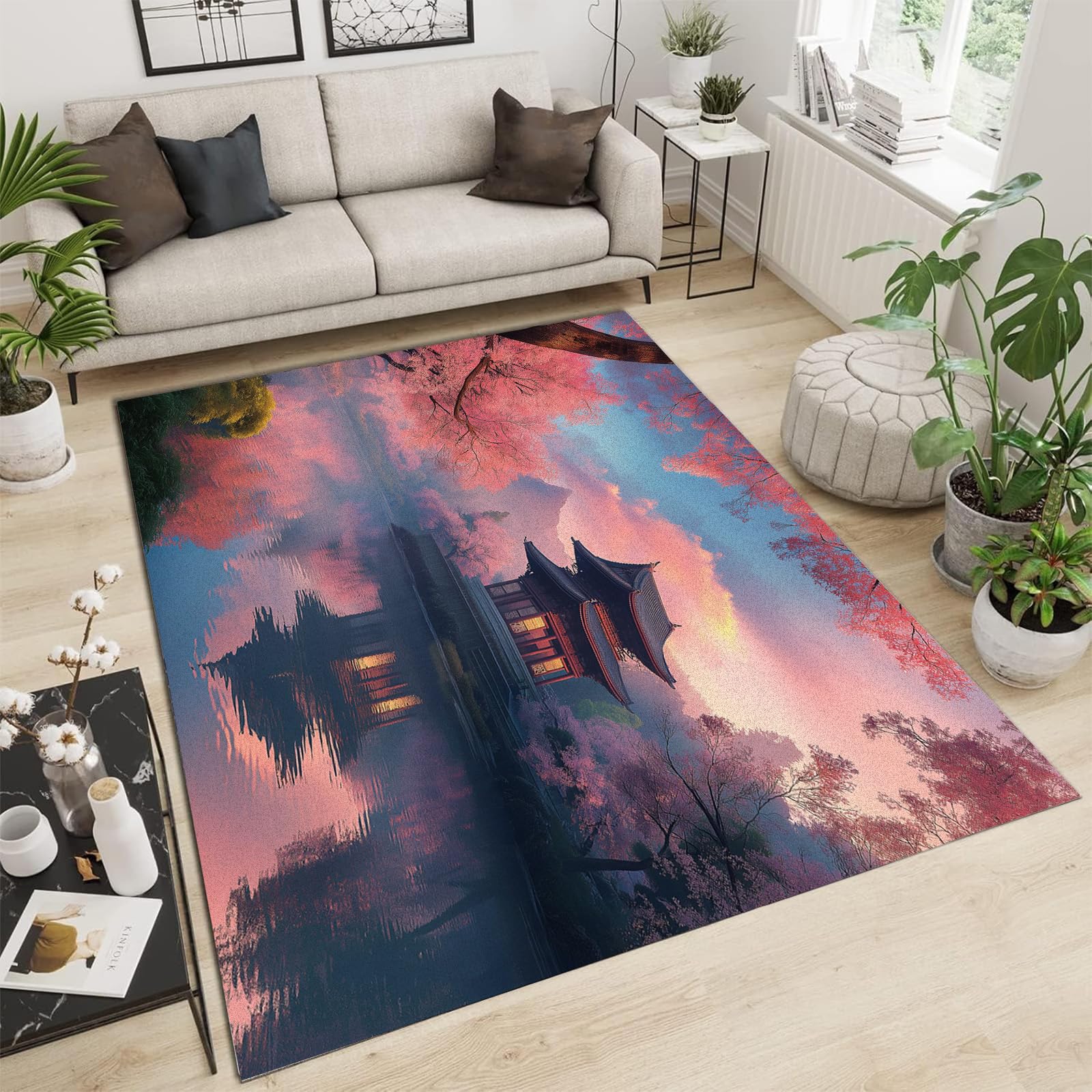 Tapis de salon 90x150 cm paysage japonais rose moquette lavable