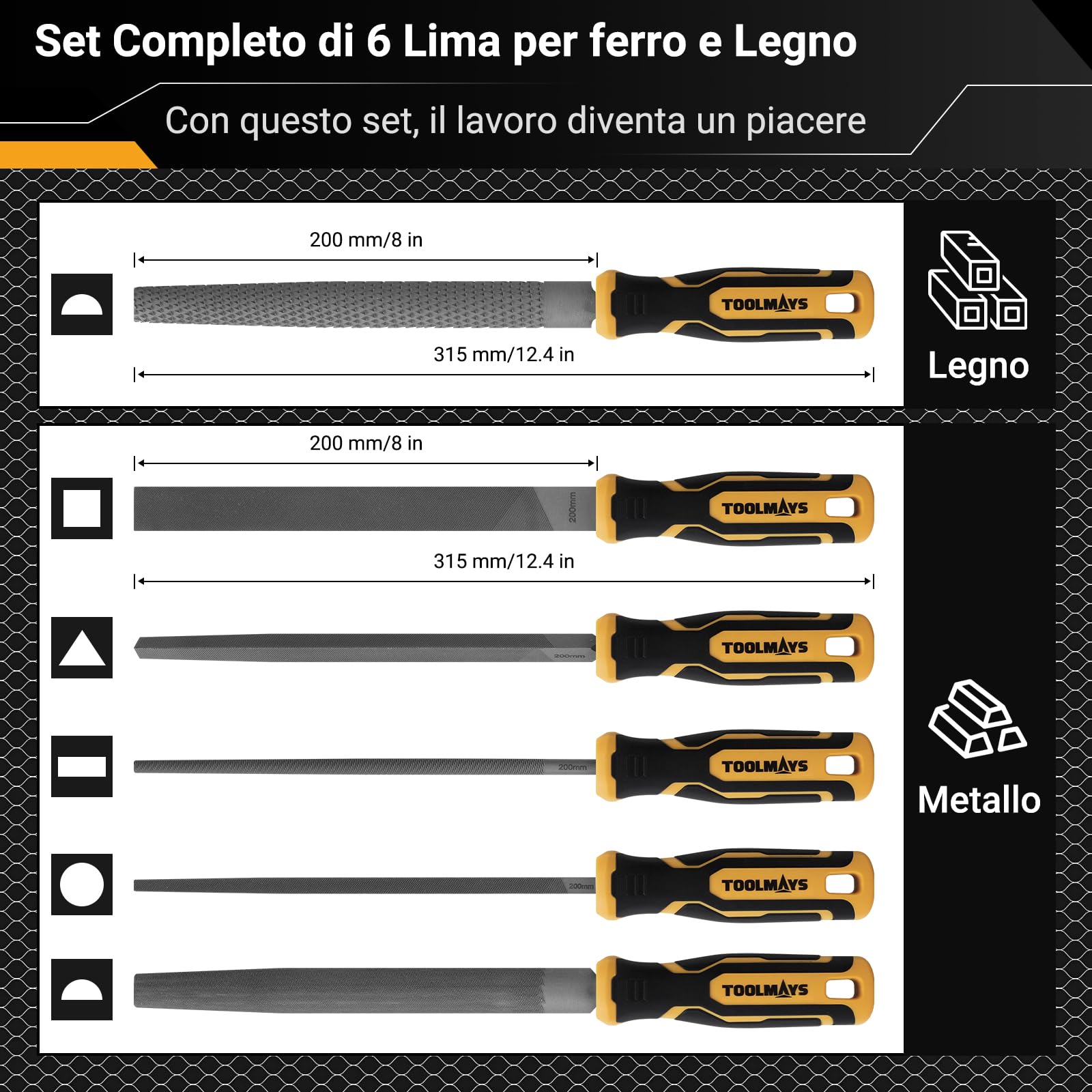 Set di Lima per Metallo e Legno 6 Pezzi, Raspa Legno con Custodia Arrotolabile, Manico in Gomma, Acciaio al Carbonio Alta Resistenza Lima Ferro Rotondo Semitonda Piatta Triangolare Quadrate
