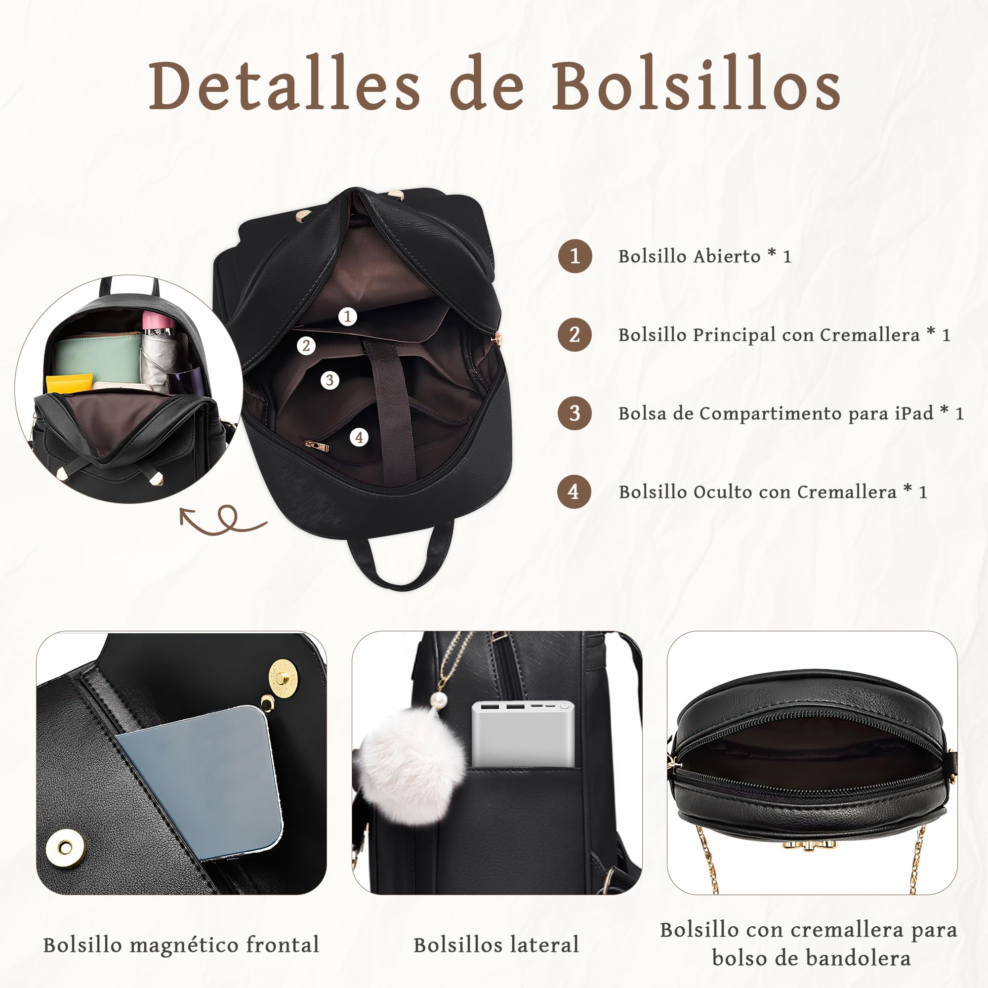 Mochila Mujer Pequeña Set 3 Piezas Bolso Bandolera Monedero PU Cuero Mochilas Antirrobo Elegante Bolsos Mochila Niñas con Lazo para Viaje Trabajar Fiesta