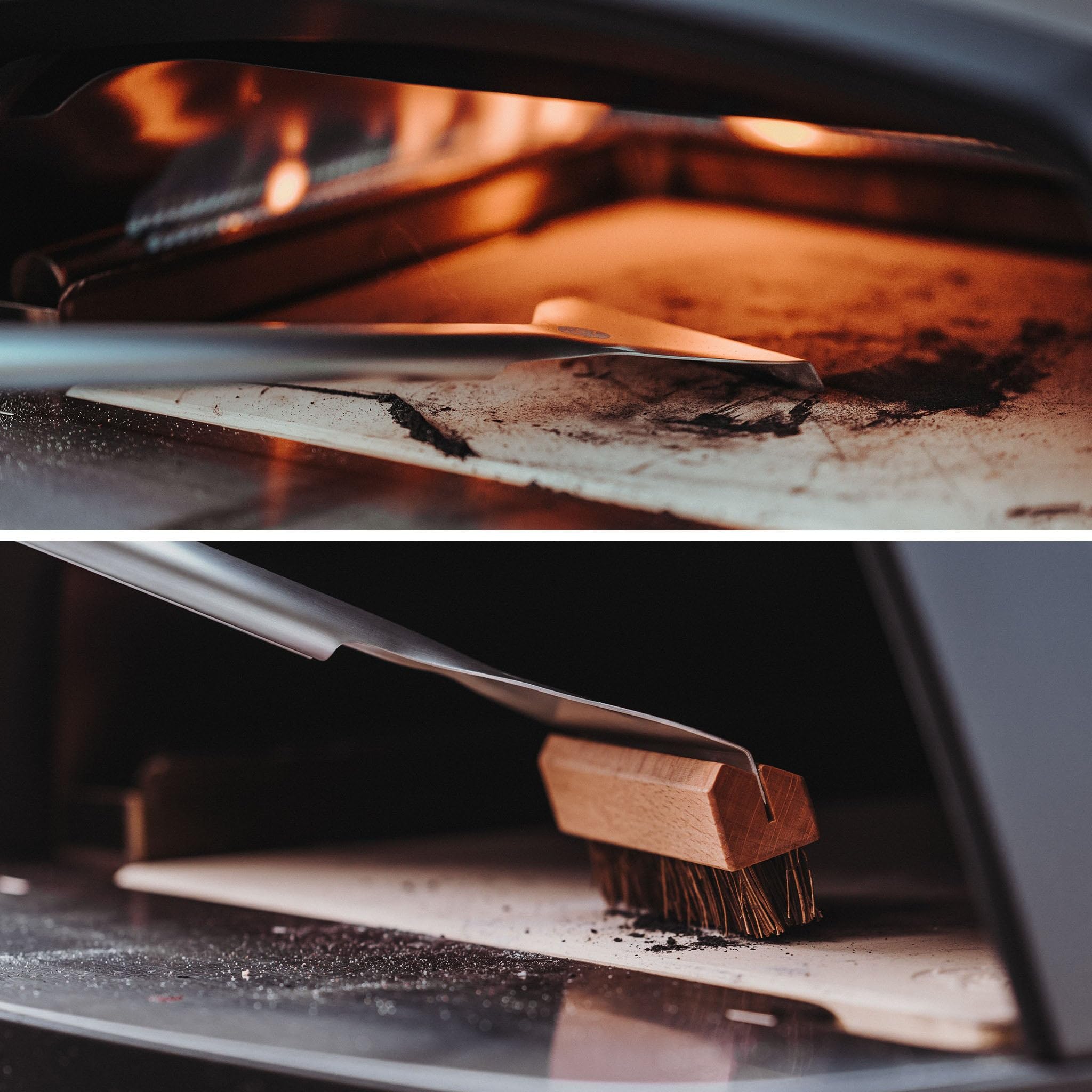 BURNHARD® Pizzaofen-Bürste 2-in-1 Schaber, Palmyra-Bürstenkopf, Eloxierter Aluminiumgriff, Akazienholz