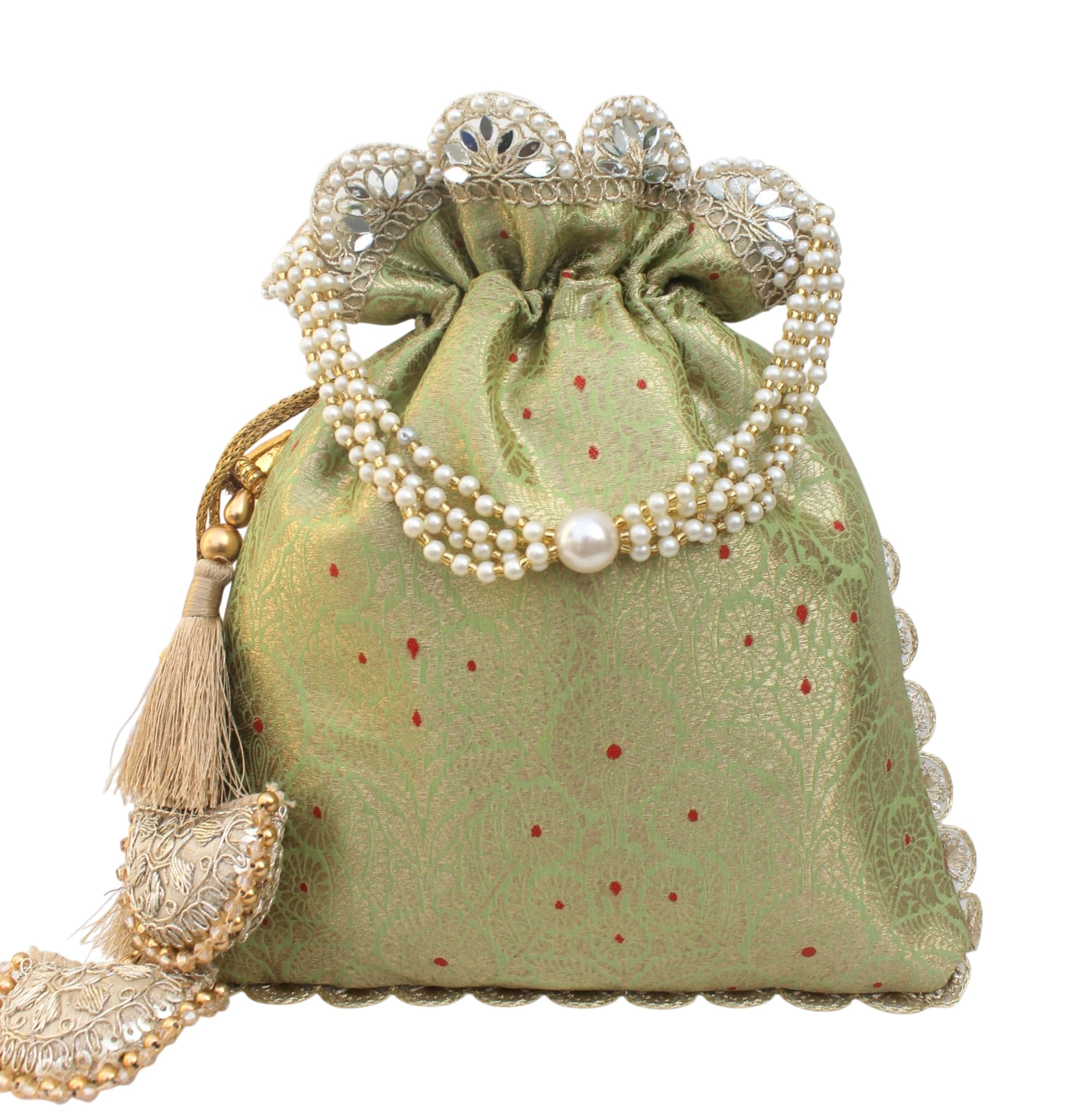 Pure Banarasi Potli Silk Brocade Bag Purse Drawstring Women's handbag with Pearl Handle & Tassel Weddings-image-12