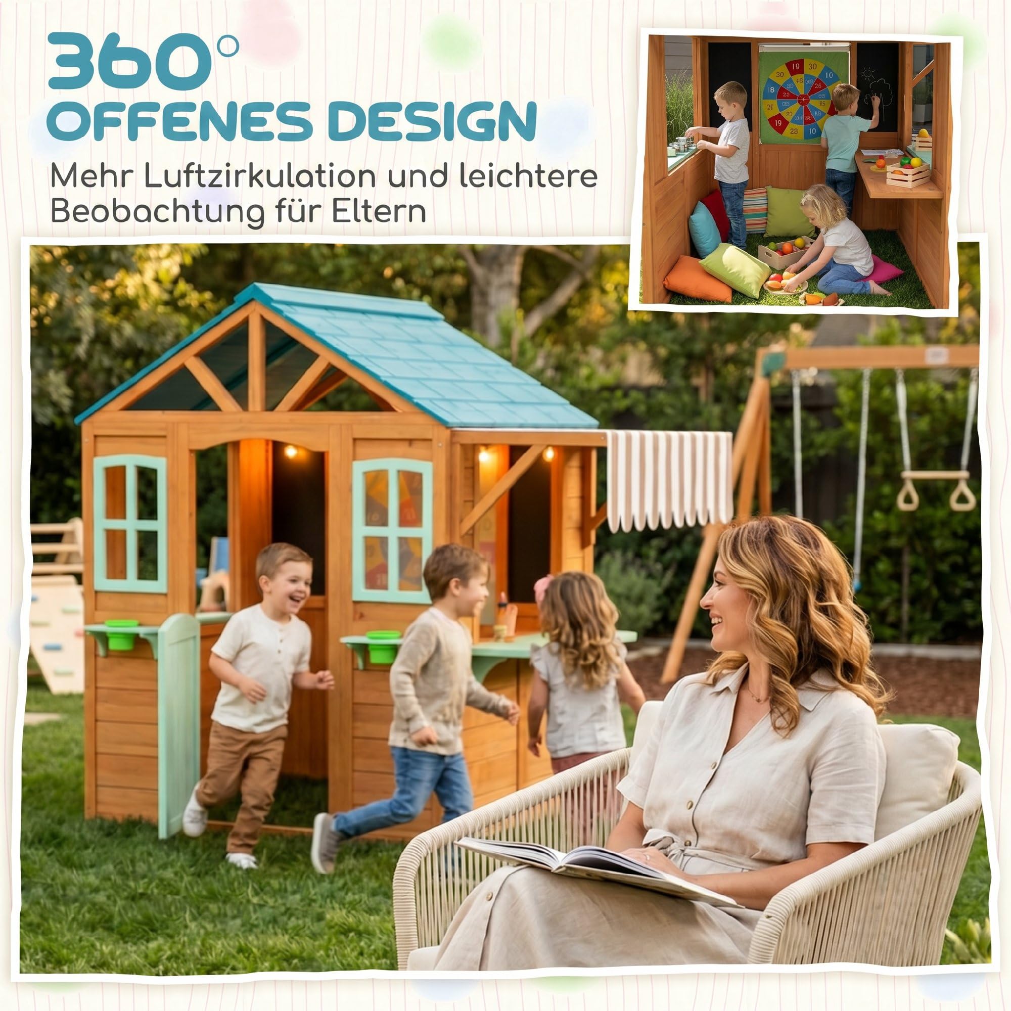 AIYAPLAY Kinderspielhaus aus Holz Spielhaus Outdoor mit Verkaufstheke Pflanzenkasten Kreidetafel Zieltuch 4 Ball Fenster Tür Gartenhaus für Kinder 142 x 120 x 141,5 cm Mehrfarbig