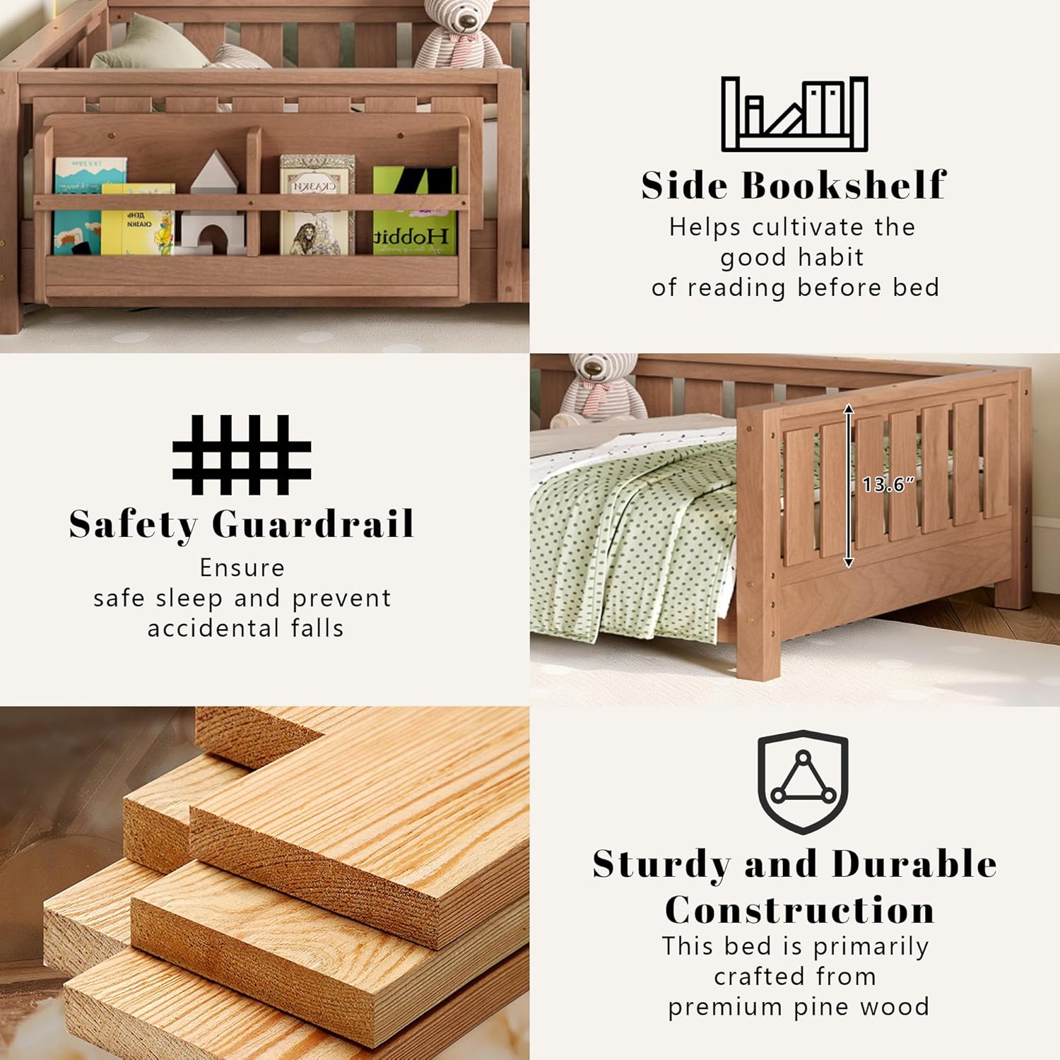 Bellemave Twin Size Montessori Floor Bed Frame, Kids Floor Bed Twin with Bookshelf and Safety Guardrails for Girls Boys, Natural