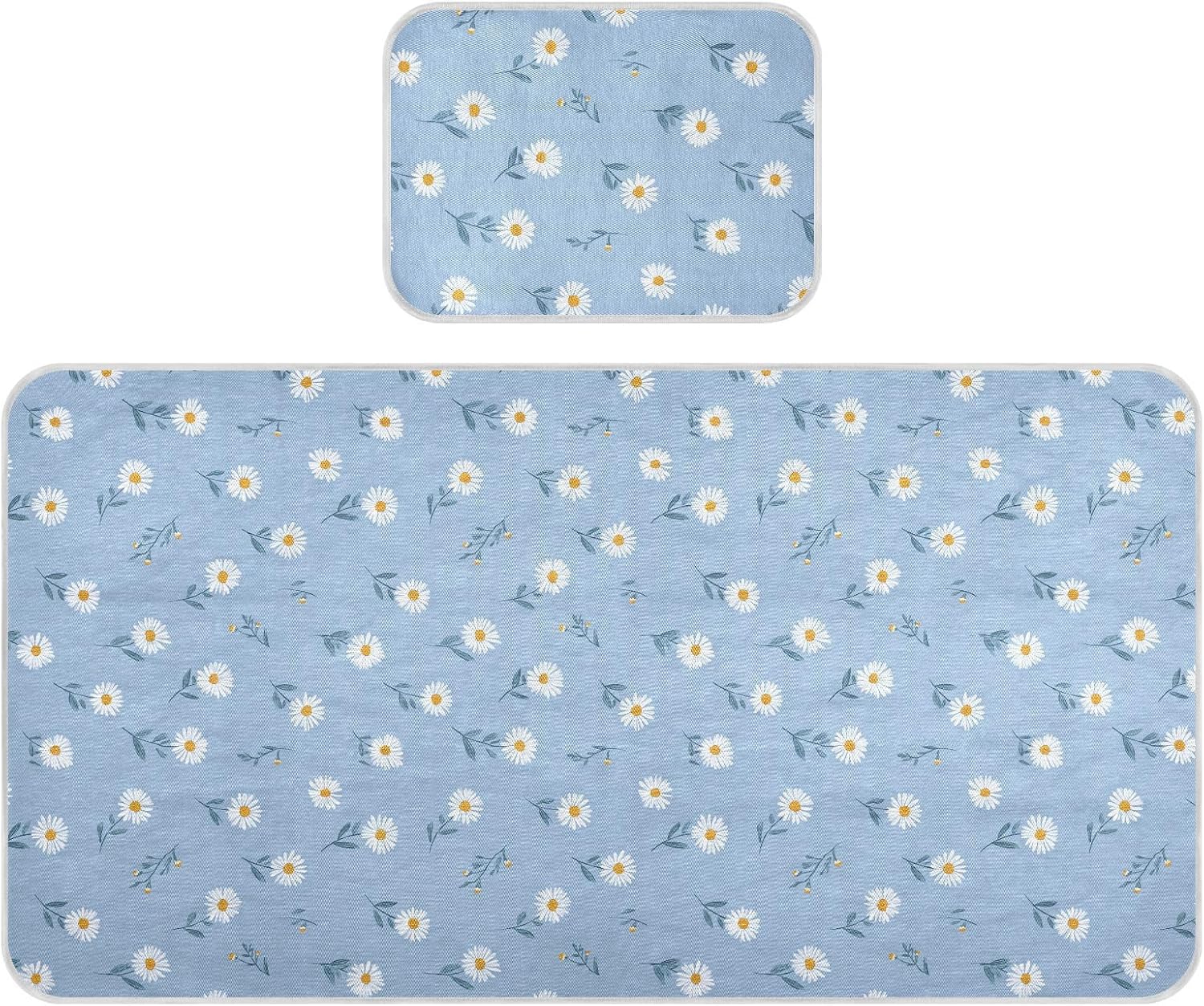 White Daisy Flower Pastel Blue cooling baby bed mattress protector 28" x 52" washable pads for beds for kids, adult