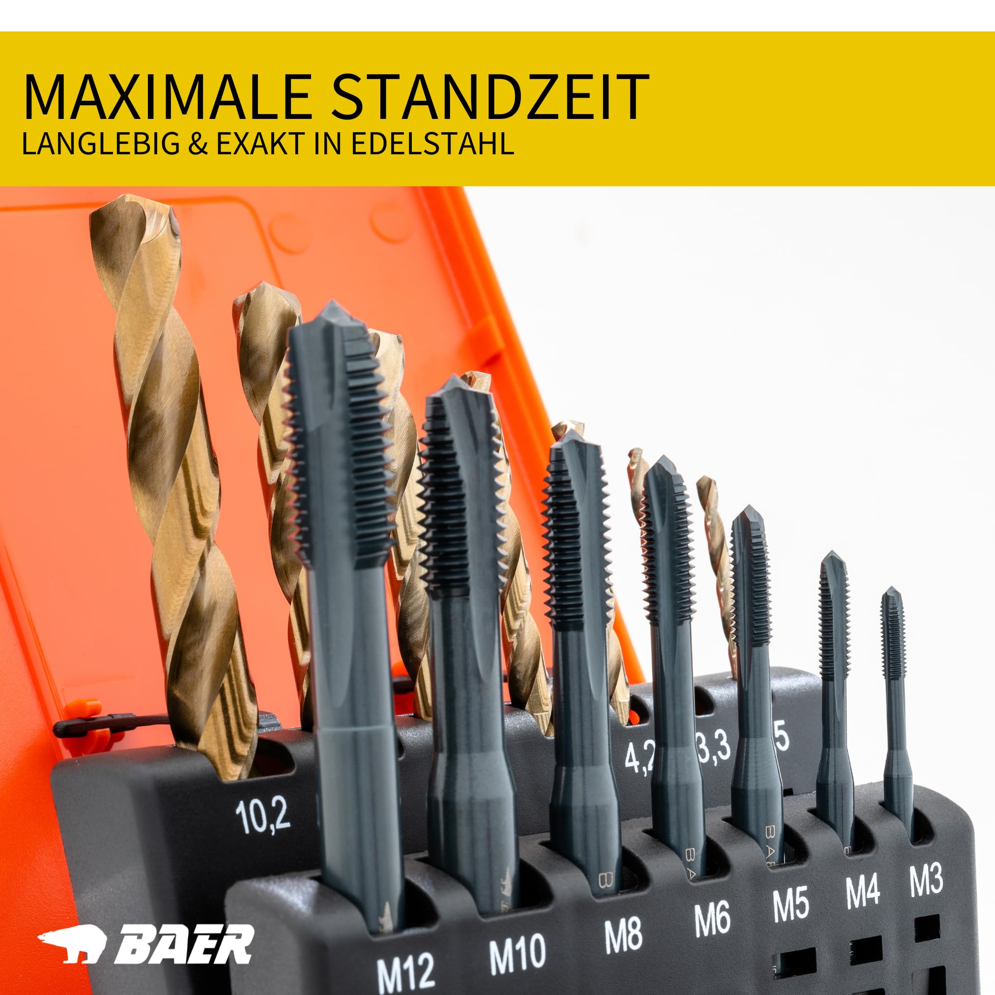 BaerCoil BAER Gewindeschneider Set M3 - M12 - HSSE EDELSTAHL - Maschinengewindebohrer Durchgangsloch + Kernlochbohrer - Edelstahlbohrer - Gewindebohrerset - Gewindeschneidsatz