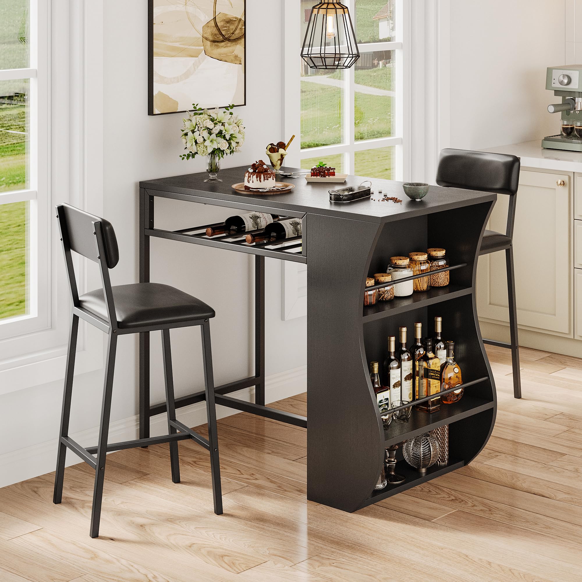 FEONASE Juego de mesa de bar y taburetes de 3 piezas con estantes de almacenamiento de 2 niveles y estante para vino, juego de 2 sillas y mesa de comedor pequeña para espacios pequeños, marco de acero
