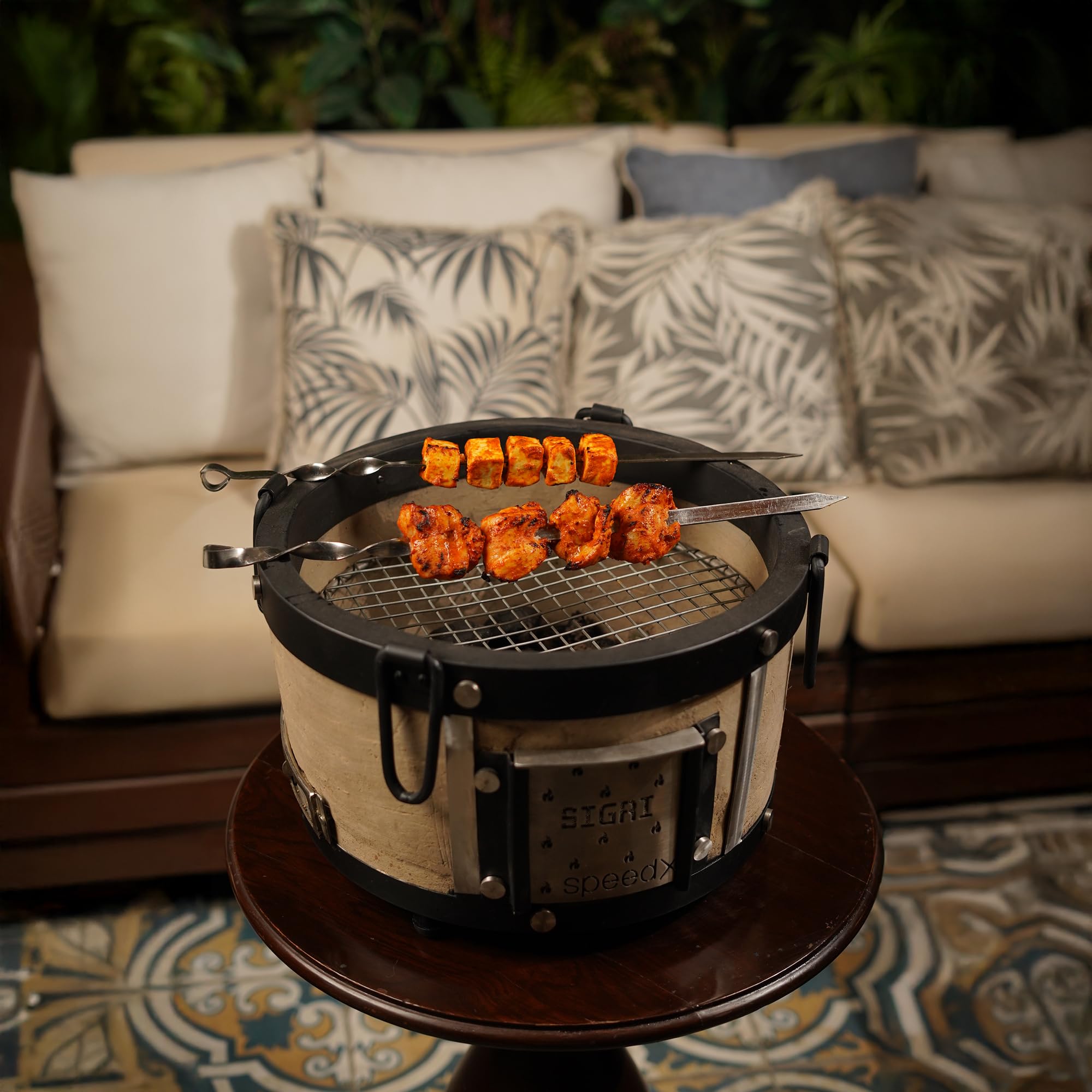 HAUS OF BARS by SpeedX Portable Charcoal Sigri with 2 Flat Ribbed Skewer | Home Cooking Tandoor Crafted with a Blend of Clay & Metal (15x10 Inches)-image-7