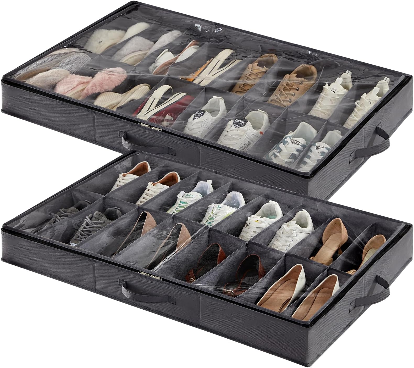 Lifewit Under Bed Shoe Storage Organizer Set of 2, 4.3 Inches Tall Low Profile Fabric Shoes Container Box, Foldable Shoe Rack with 2 Reinforced Handle and Clear Cover, Each Fit 16 Pairs of Shoes