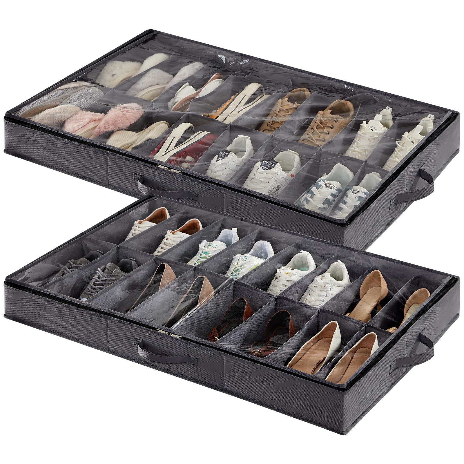 Lifewit Under Bed Shoe Storage Organizer Set of 2, 4.3 Inches Tall Low Profile Fabric Shoes Container Box, Foldable Shoe Rack with 2 Reinforced Handle and Clear Cover, Each Fit 16 Pairs of Shoes