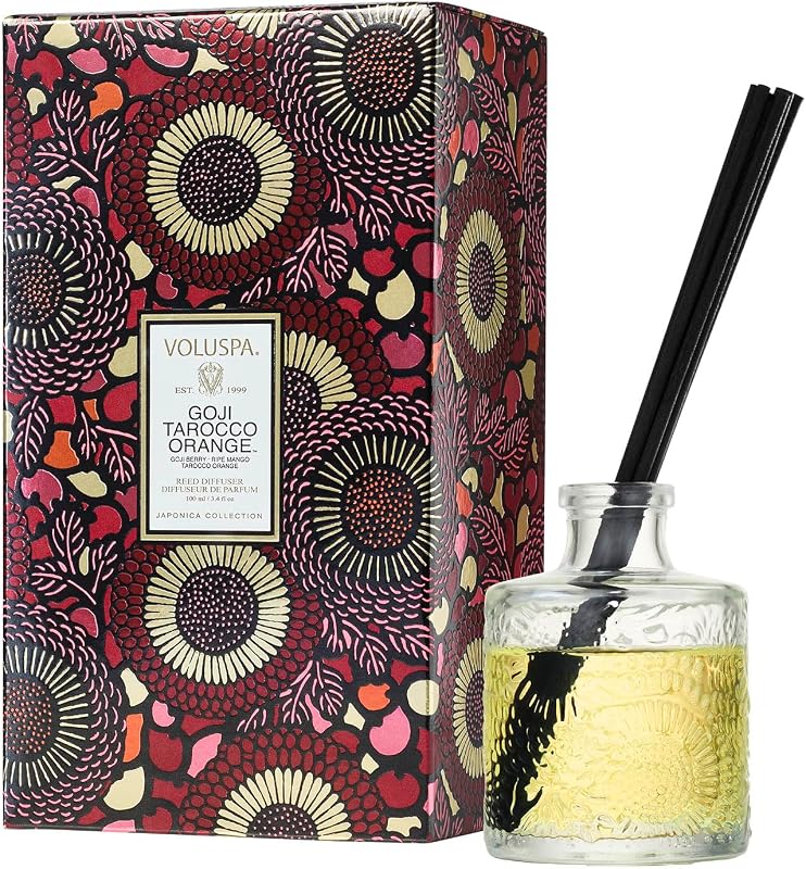 Goji Tarocco Orange Oil Reed Diffuser, 3.4 Oz Home Fragrance | Glass Vessel With Aromatic Scent Sticks, USA Crafted For Room Styling, Gifting, Easy Decor And Continuous Room Ambience