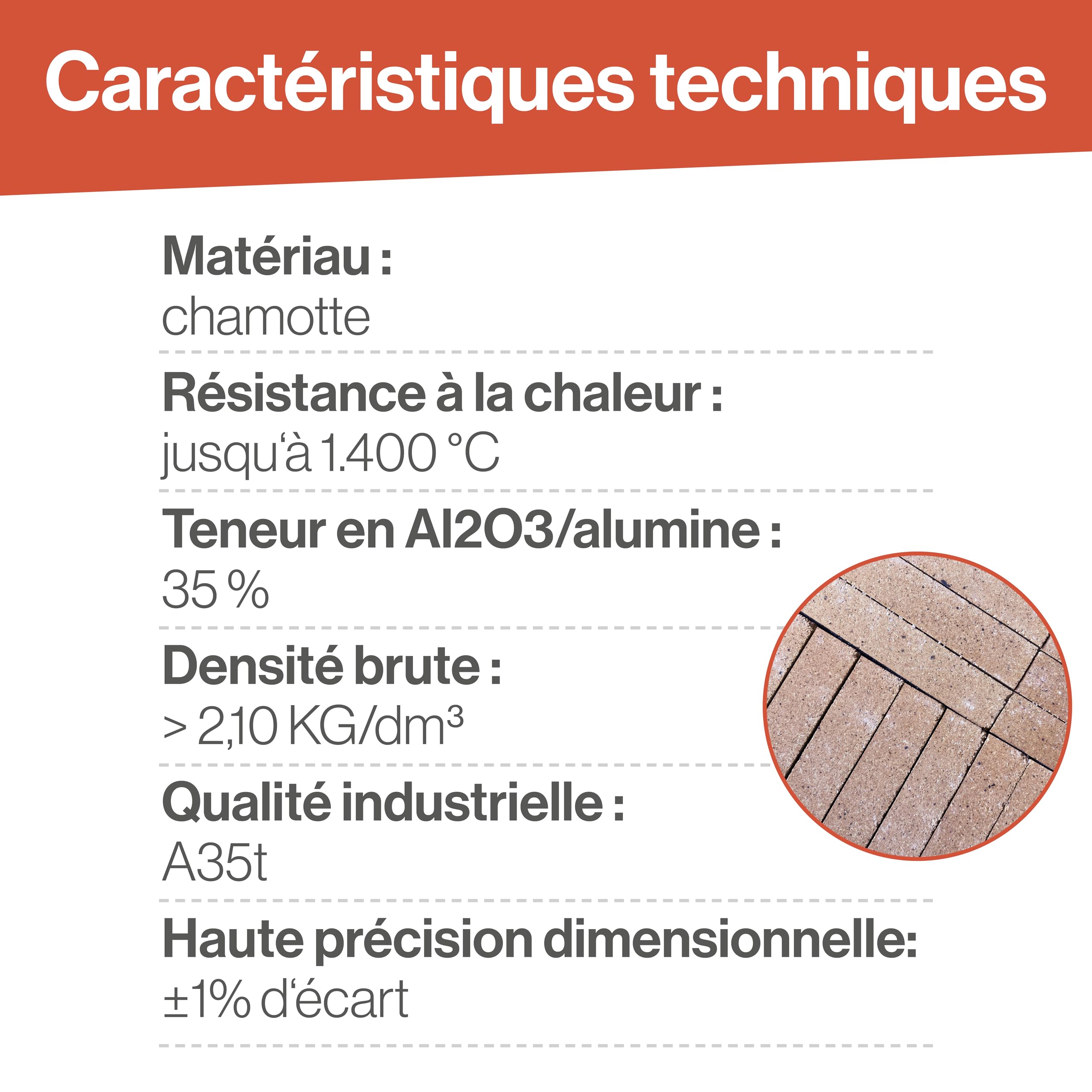 Plaque réfractaire, briques réfractaires comme revêtement de poêles et cheminées, résistant à la chaleur jusqu'à 1400 °C, chamotte pour une accumulation efficace de la chaleur [400x300x20 mm]