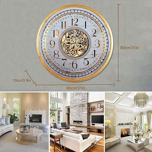 Miniatura 7 de Reloj de pared con engranajes móviles de 31 pulgadas para decoración moderna de sala de estar, reloj de pared industrial grande con engranajes