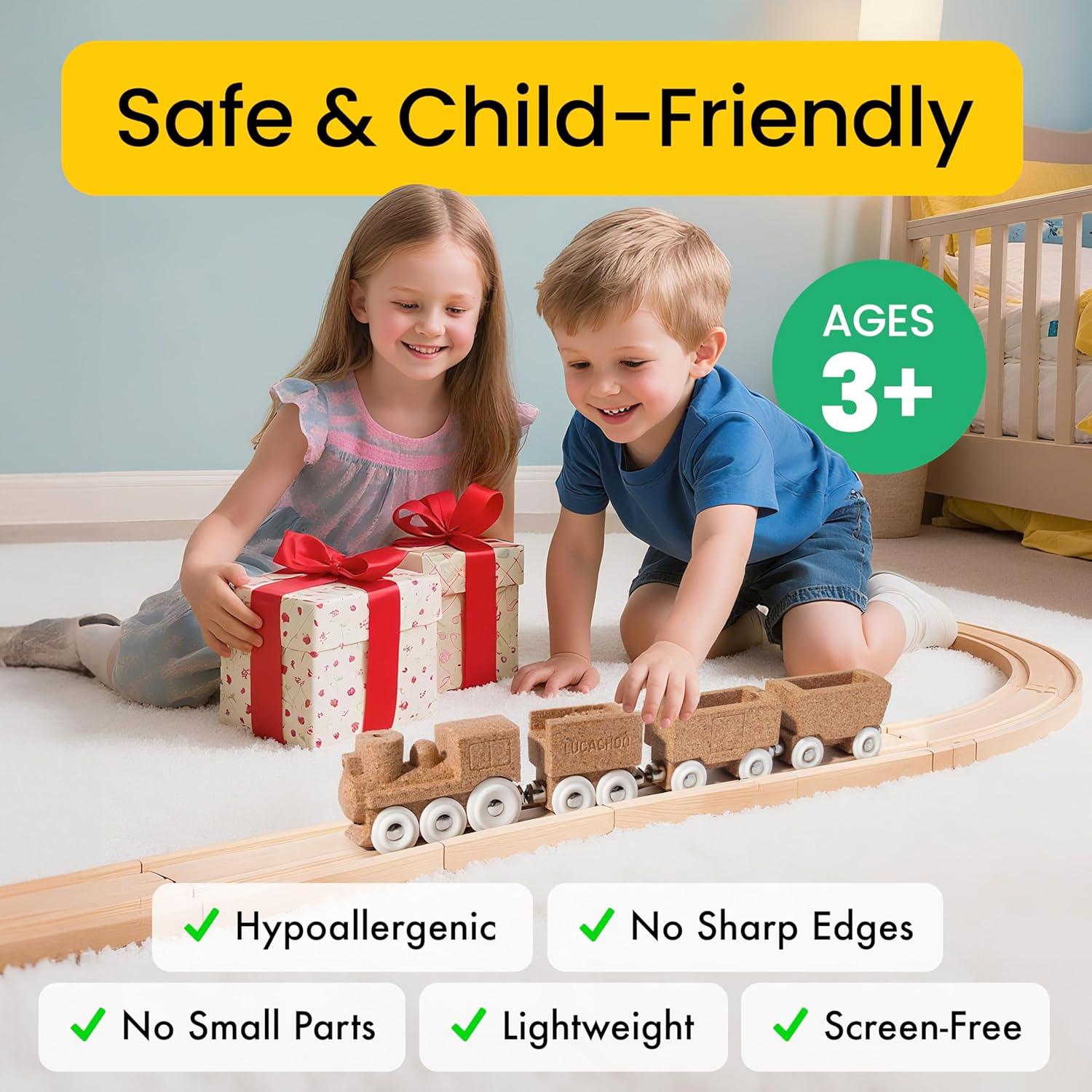 Paintable Cork Train Toy Set for Promoting Creativity and Learning (Ages 3+), Zero Plastic, Hypoallergenic, and Works with All Train Sets (Locomotive + Tender + 2 Passenger Cars)